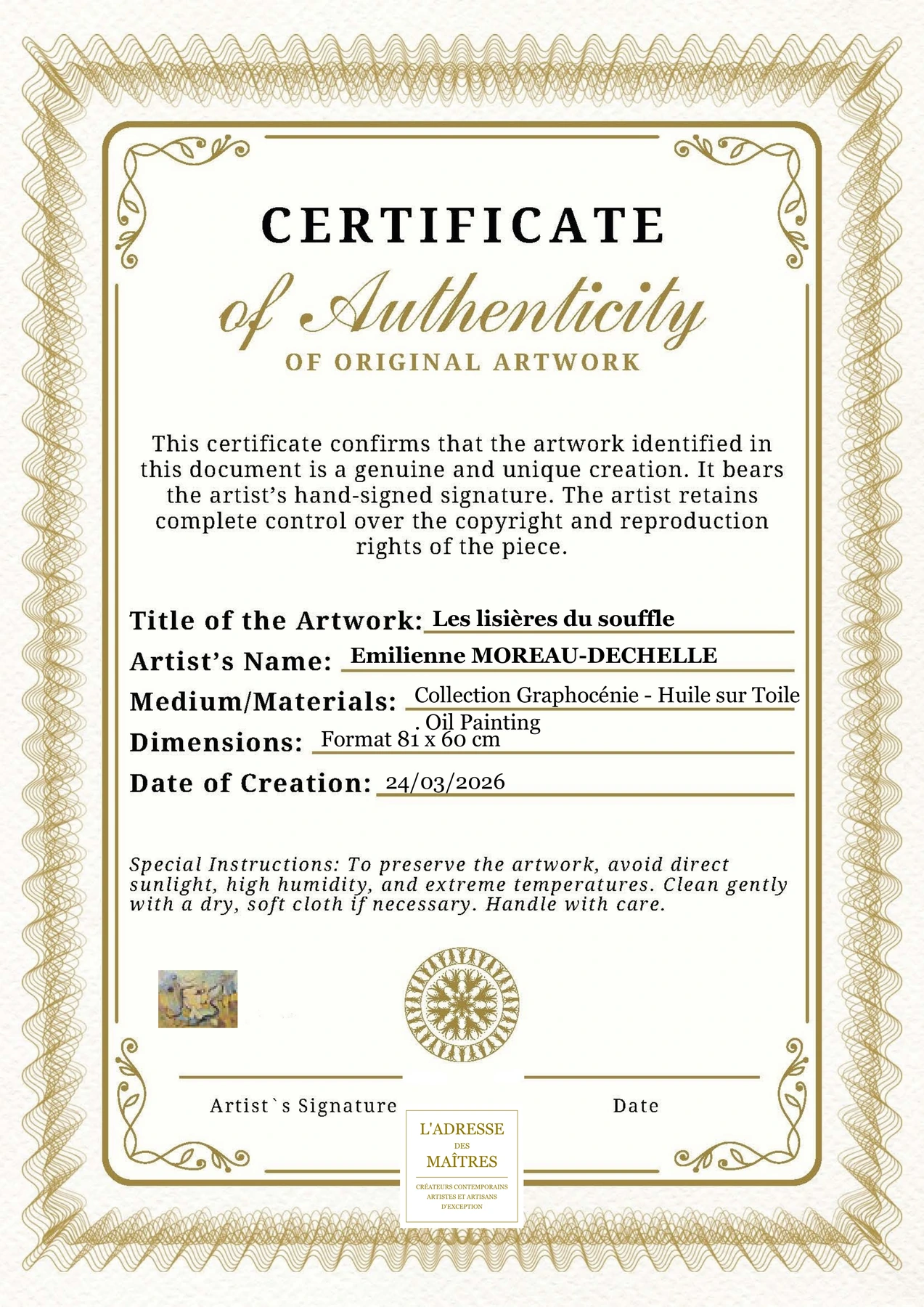 Certificat d'authenticité - Les lisières du souffle - Emilienne MOREAU-DECHELLE