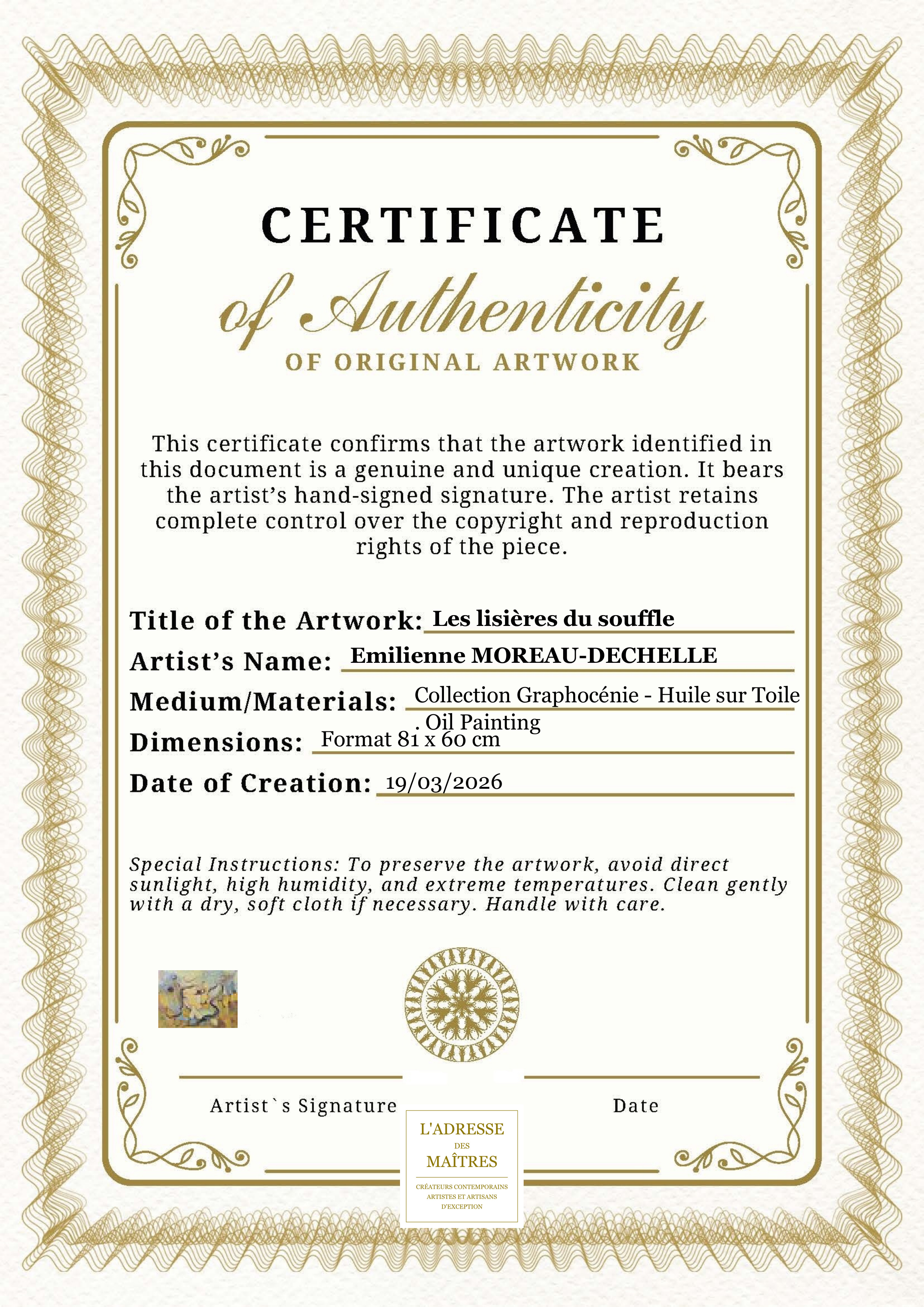 Certificat d'authenticité — Les lisières du souffle — Emilienne MOREAU-DECHELLE