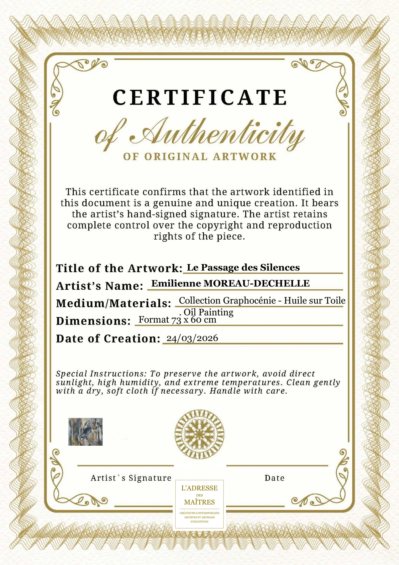 Certificat d'authenticité - Le Passage des Silences - Emilienne MOREAU-DECHELLE