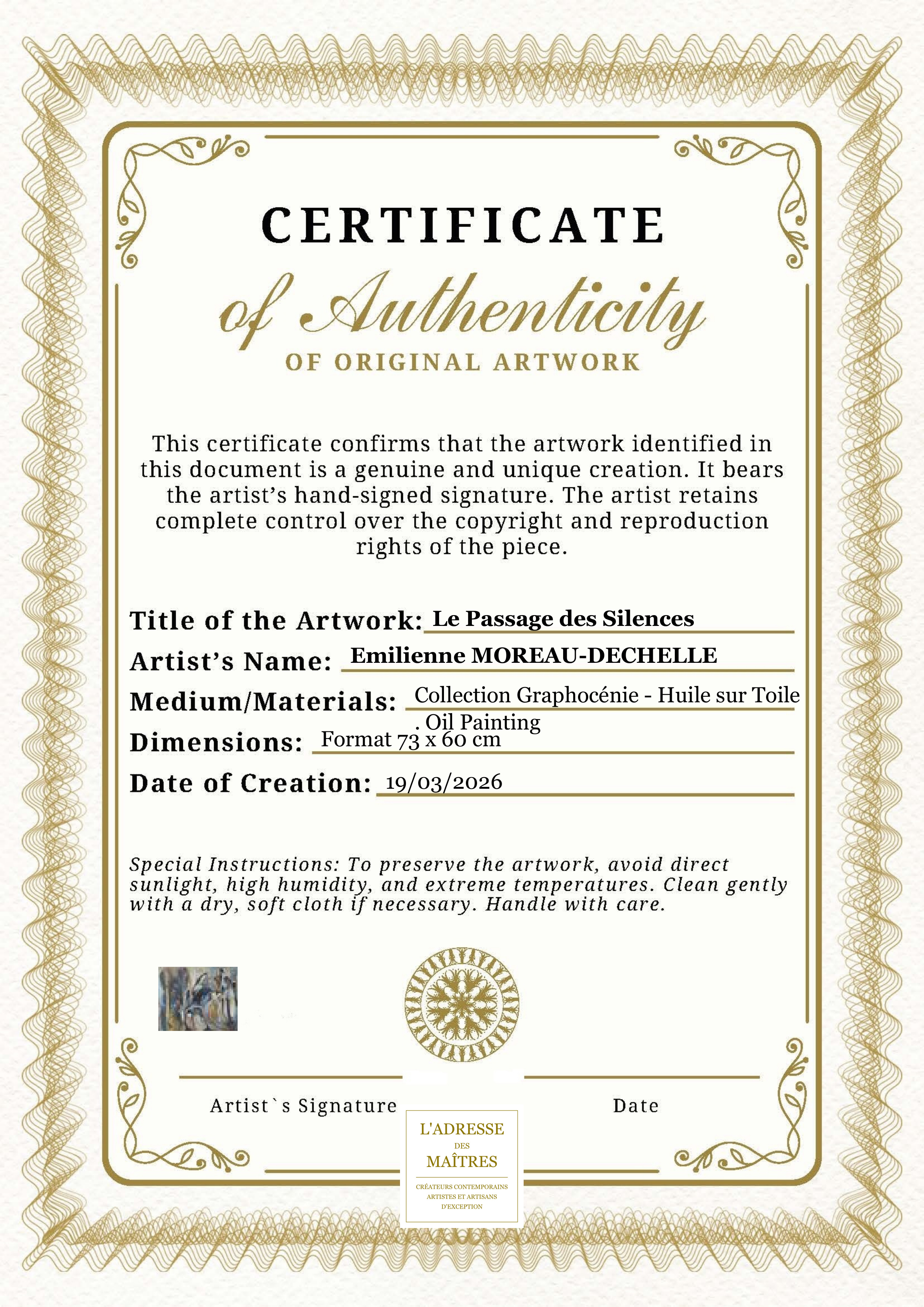 Certificat d'authenticité — Le Passage des Silences — Emilienne MOREAU-DECHELLE