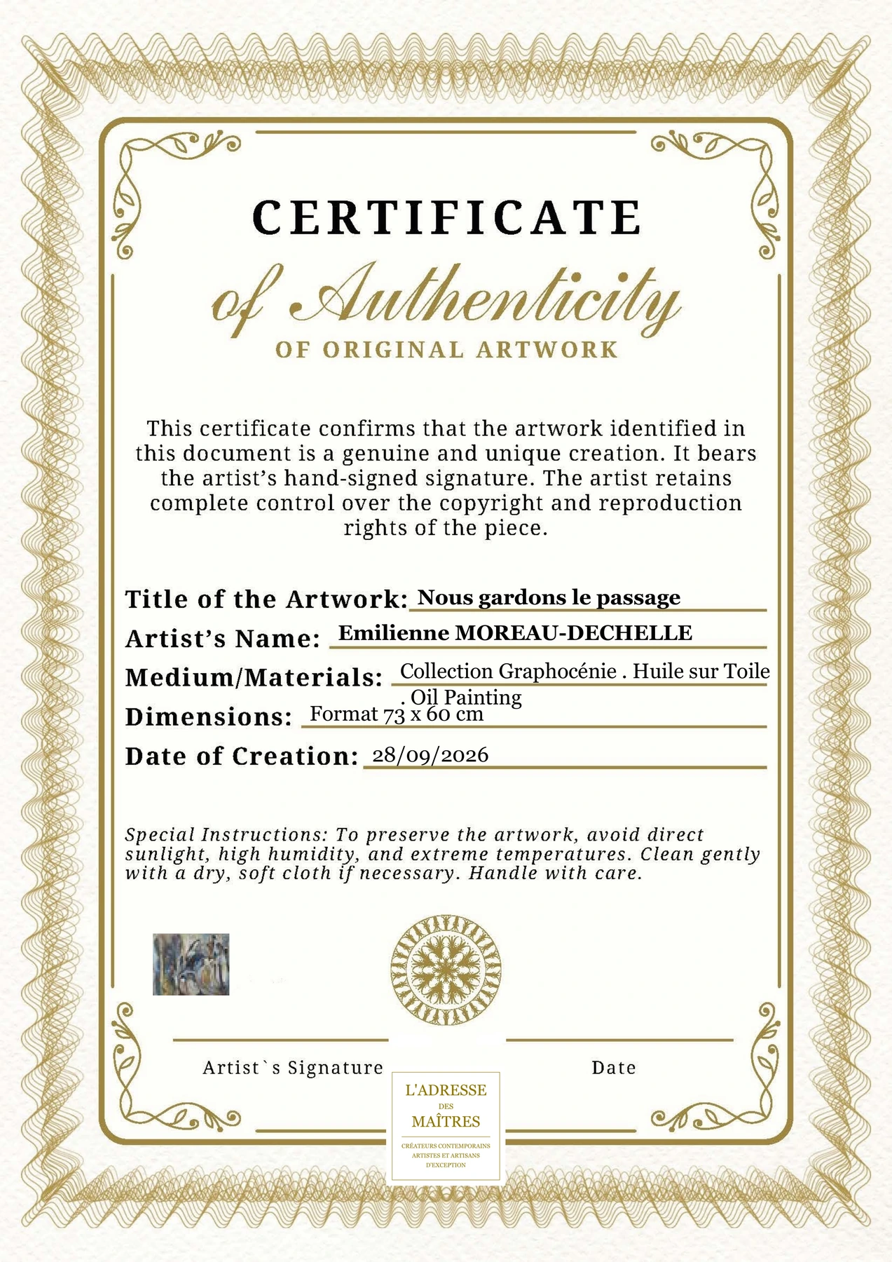 Certificat d'authenticité - Nous gardons le passage - Emilienne MOREAU-DECHELLE