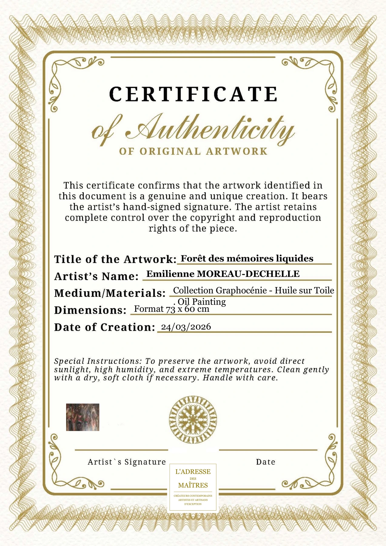 Certificat d'authenticité - Forêt des mémoires liquides - Emilienne MOREAU-DECHELLE