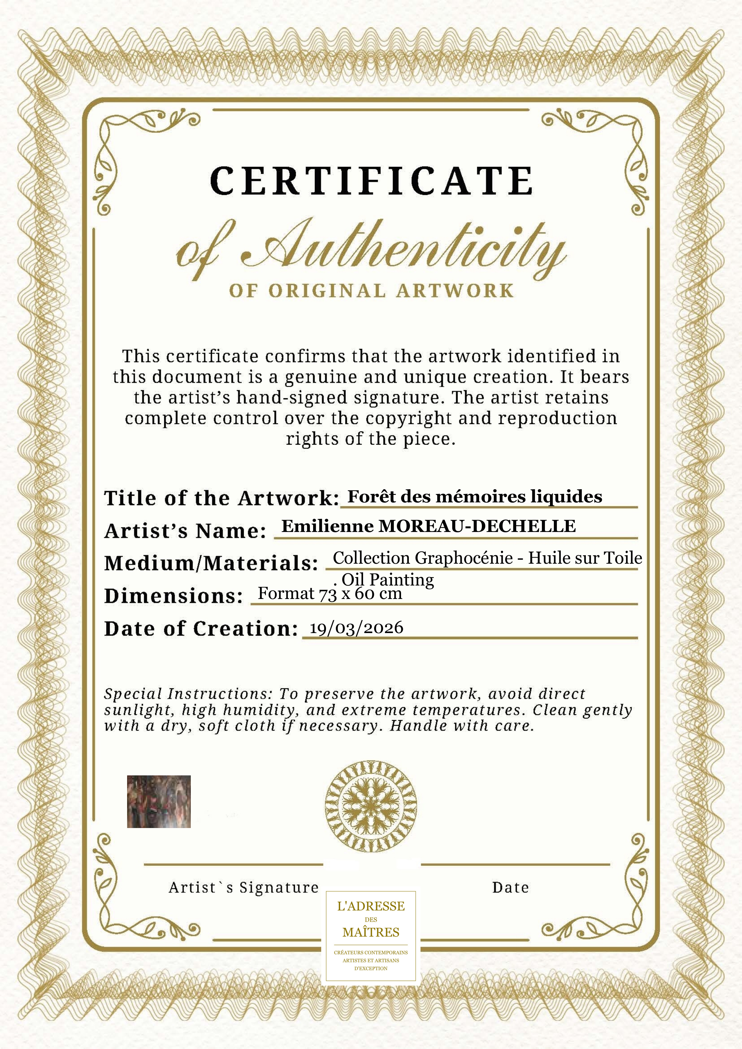 Certificat d'authenticité — Forêt des mémoires liquides — Emilienne MOREAU-DECHELLE