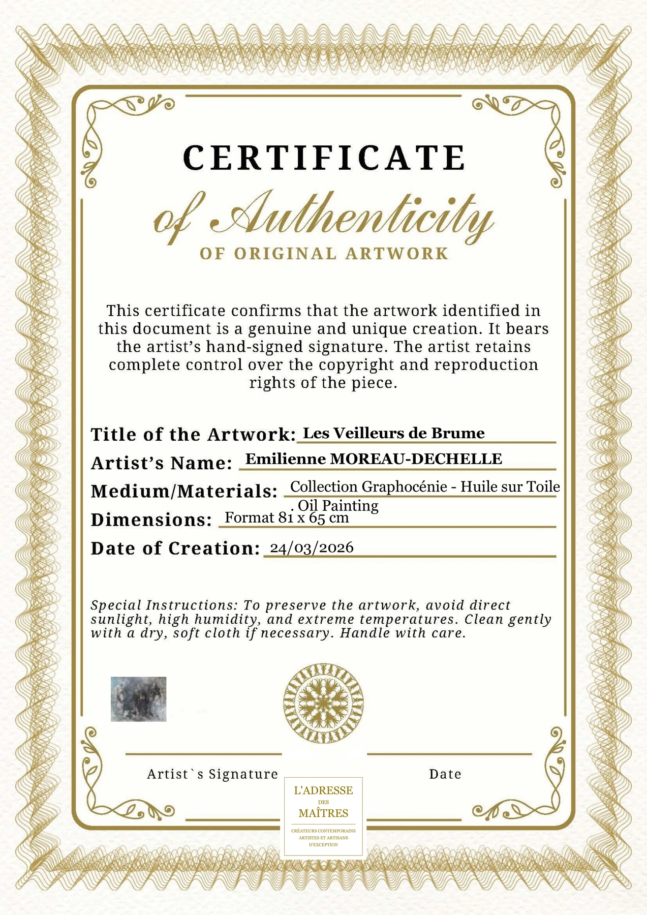 Certificat d'authenticité - Les Veilleurs de Brume - Emilienne MOREAU-DECHELLE