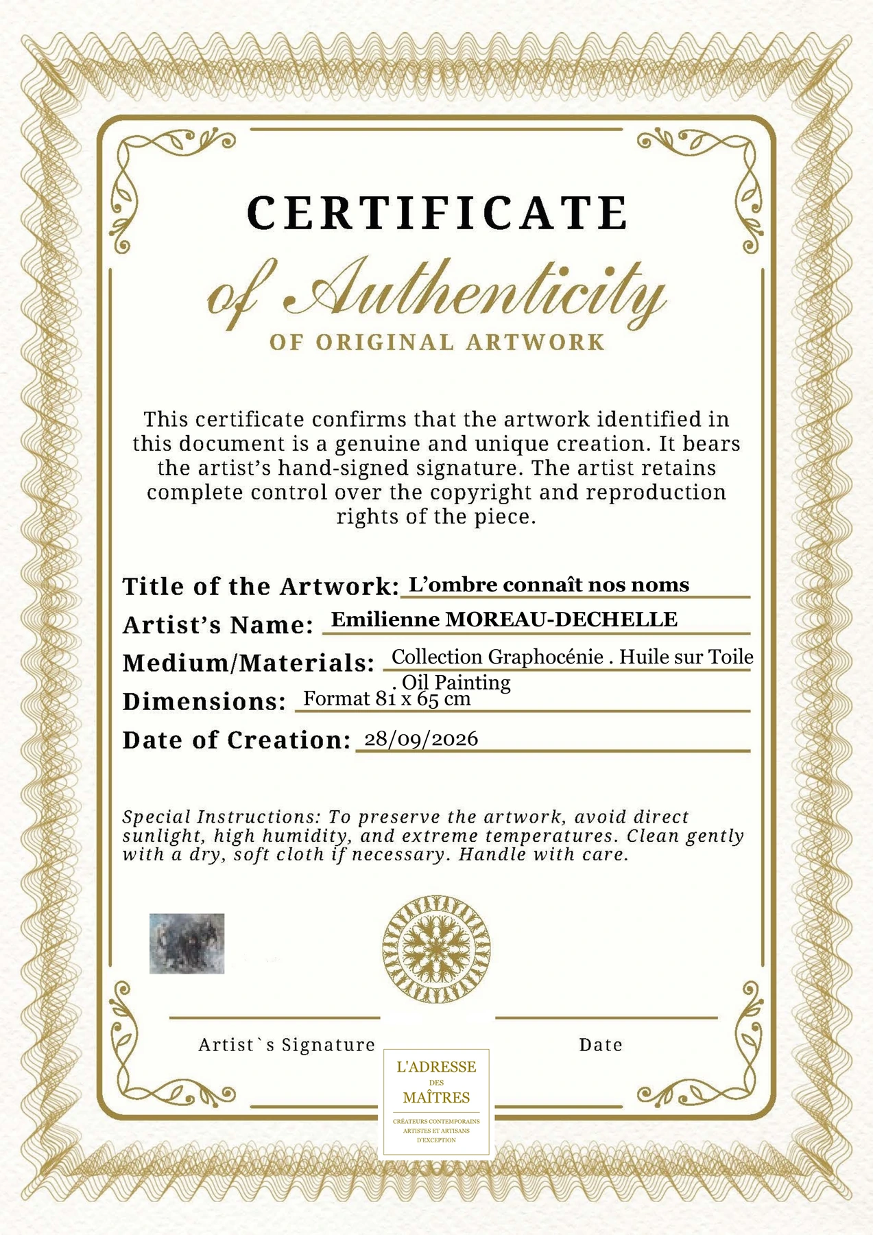 Certificat d'authenticité - L’ombre connaît nos noms - Emilienne MOREAU-DECHELLE