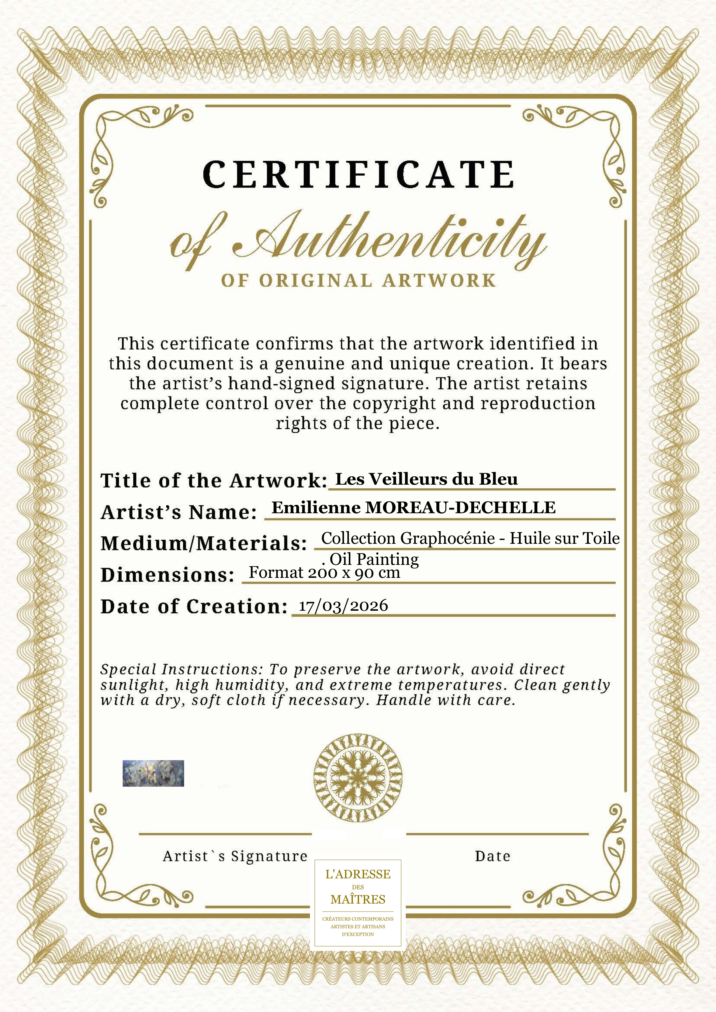 Certificat d'authenticité — Les Veilleurs du Bleu — Emilienne MOREAU-DECHELLE