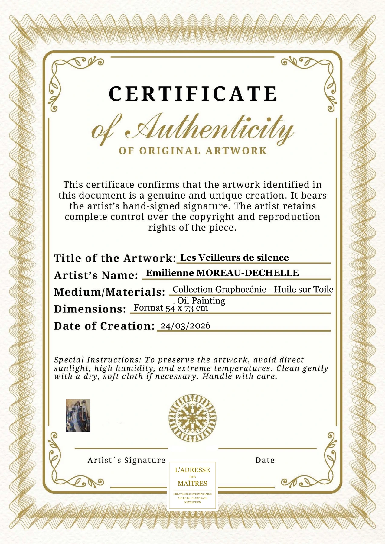 Certificat d'authenticité - Les Veilleurs de silence - Emilienne MOREAU-DECHELLE