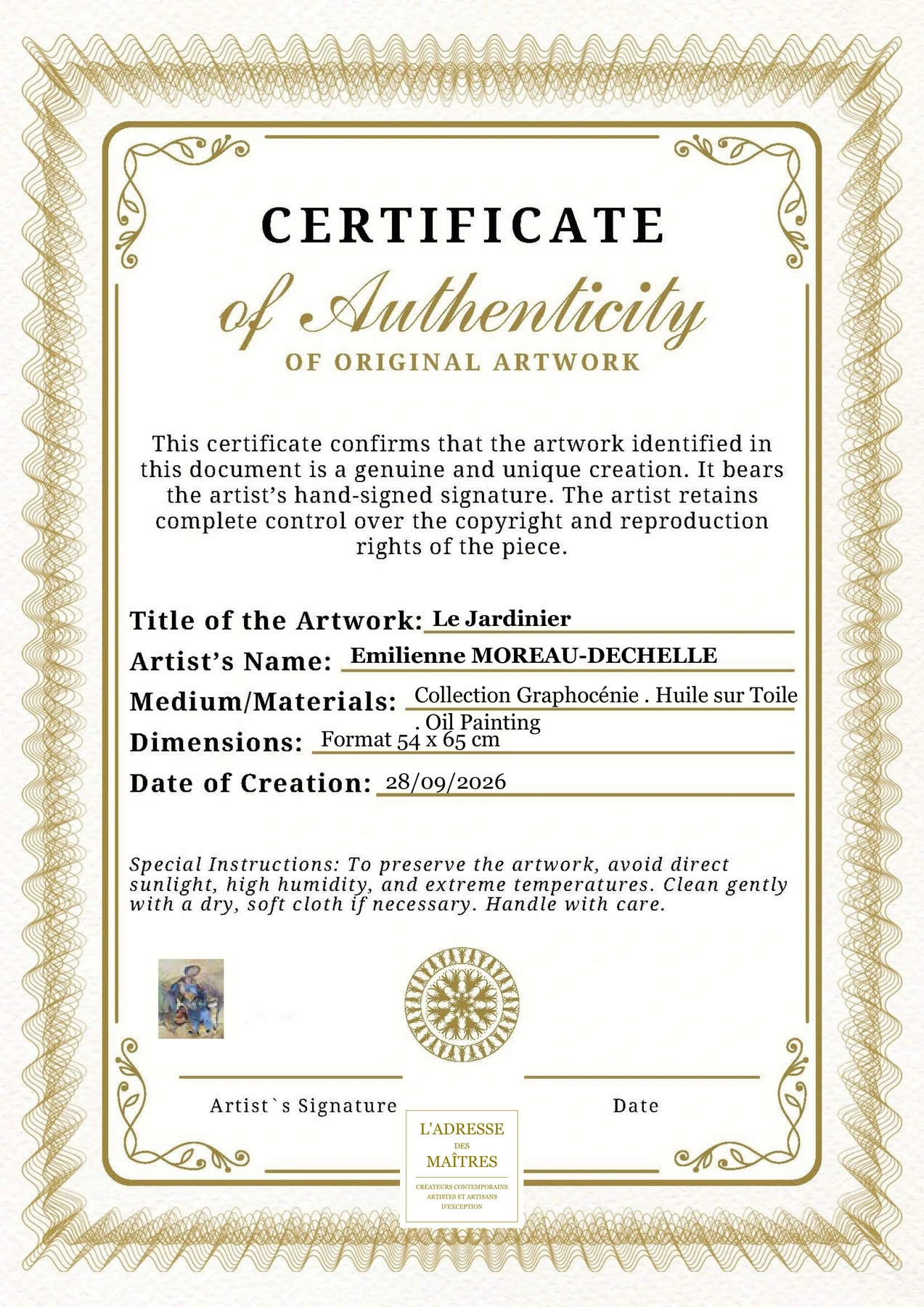 Certificat d'authenticité - Le Jardinier - Emilienne MOREAU-DECHELLE