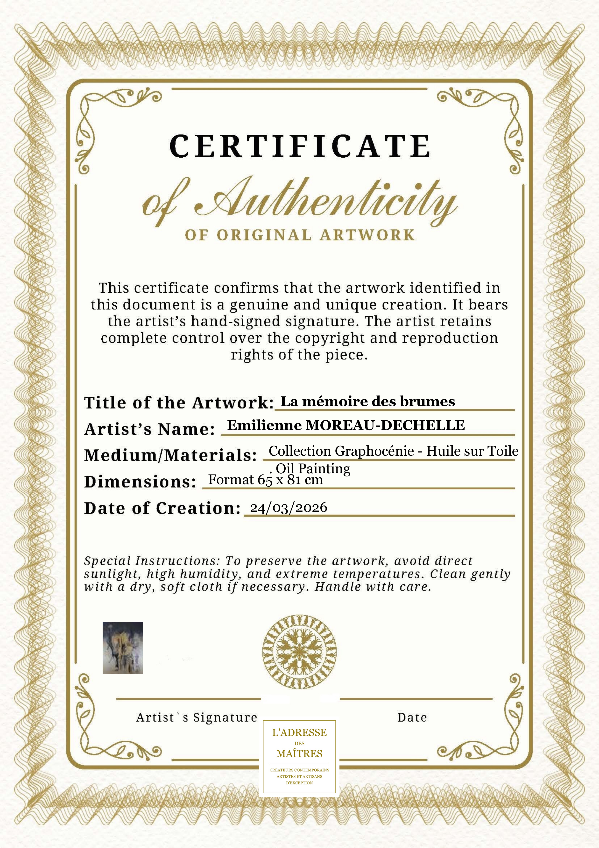 Certificat d'authenticité — La mémoire des brumes — Emilienne MOREAU-DECHELLE
