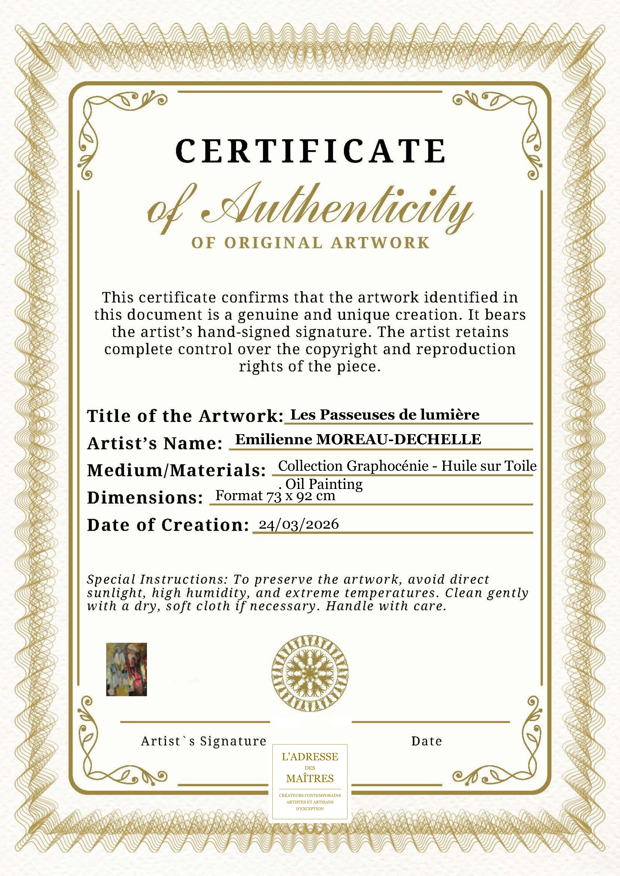 Certificat d'authenticité — Les Passeuses de lumière — Emilienne MOREAU-DECHELLE