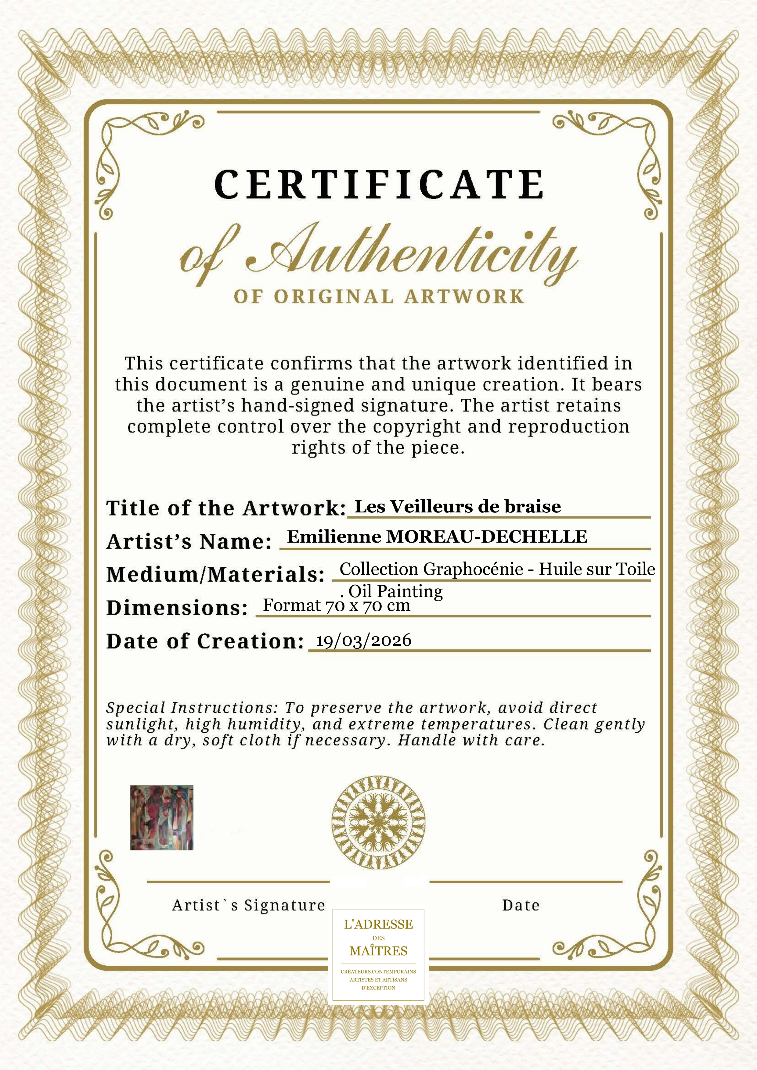 Certificat d'authenticité — Les Veilleurs de braise — Emilienne MOREAU-DECHELLE