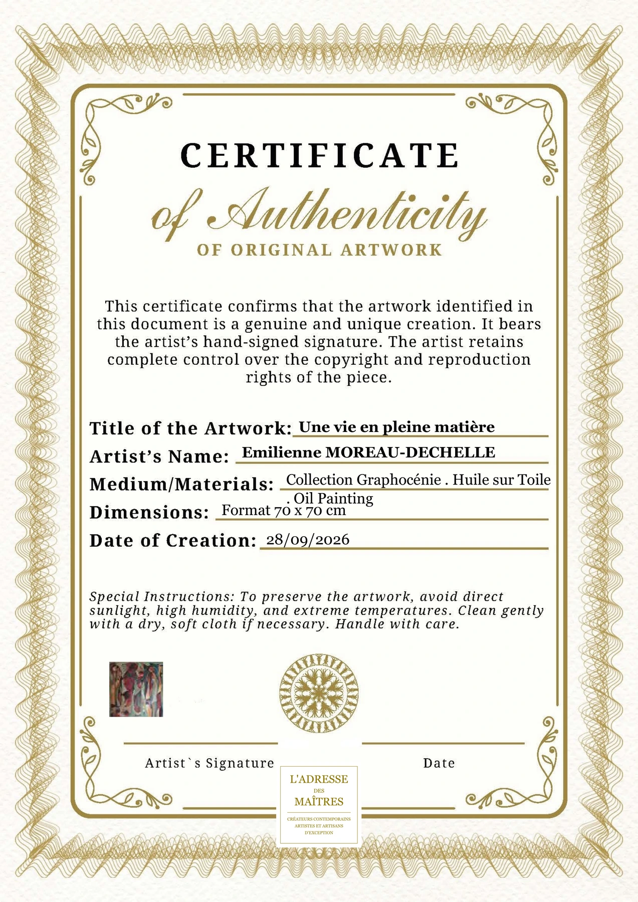 Certificat d'authenticité - Une vie en pleine matière - Emilienne MOREAU-DECHELLE