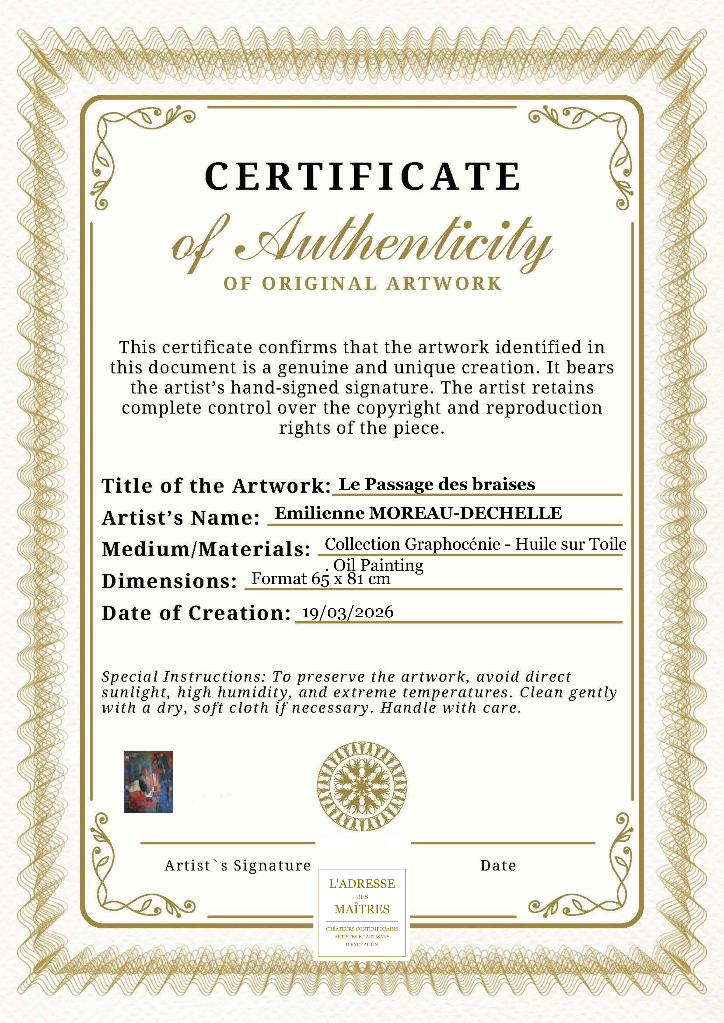 Certificat d'authenticité — Le Passage des braises — Emilienne MOREAU-DECHELLE