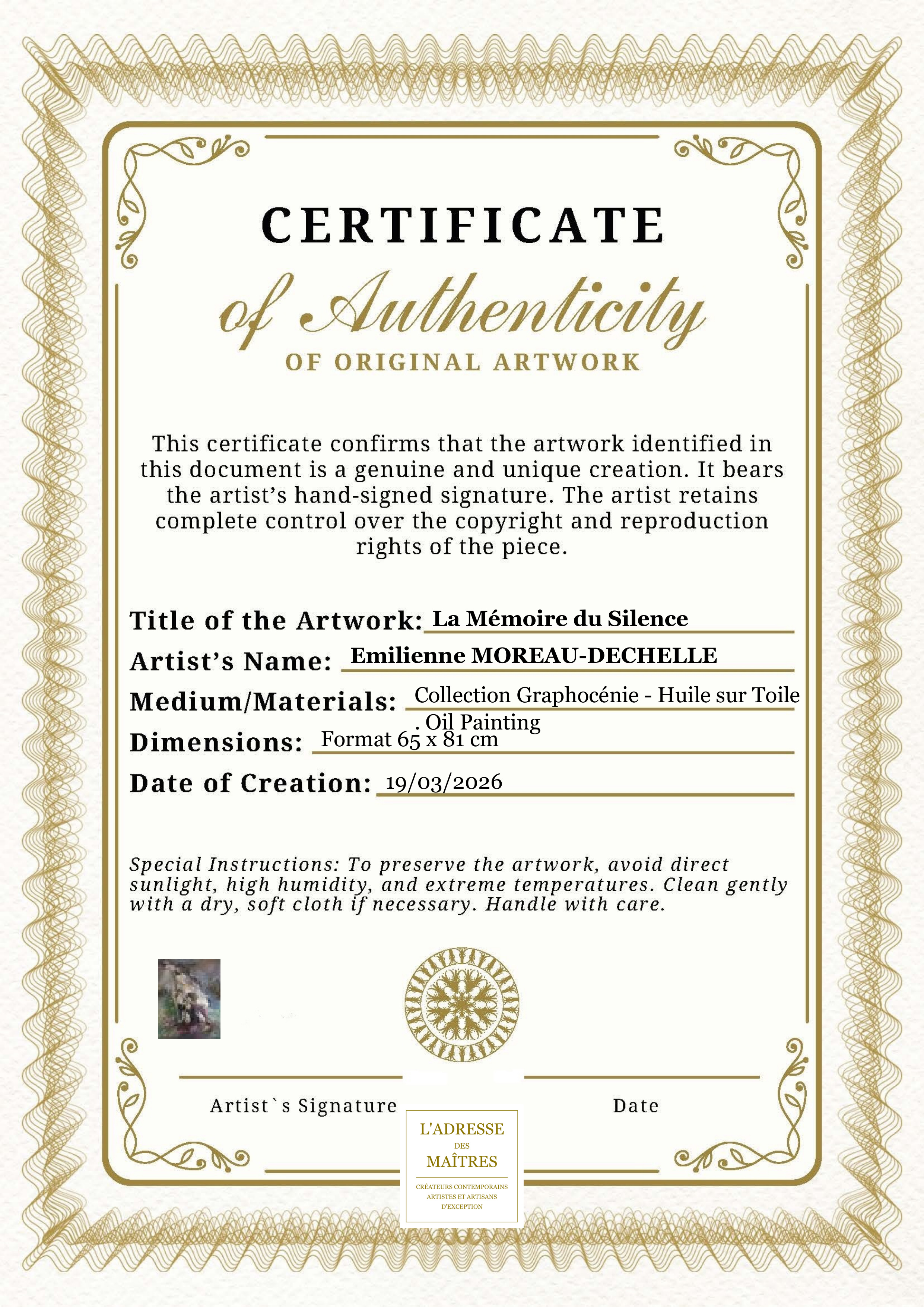Certificat d'authenticité — La Mémoire du Silence — Emilienne MOREAU-DECHELLE