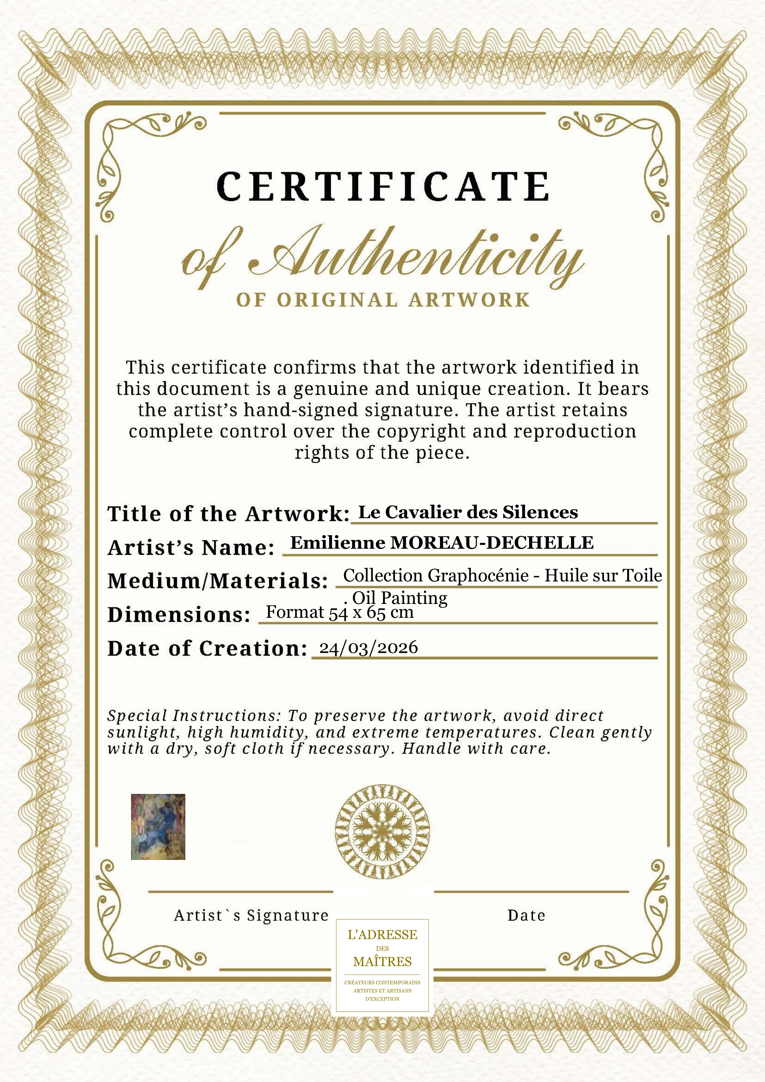 Certificat d'authenticité — Le Cavalier des Silences — Emilienne MOREAU-DECHELLE