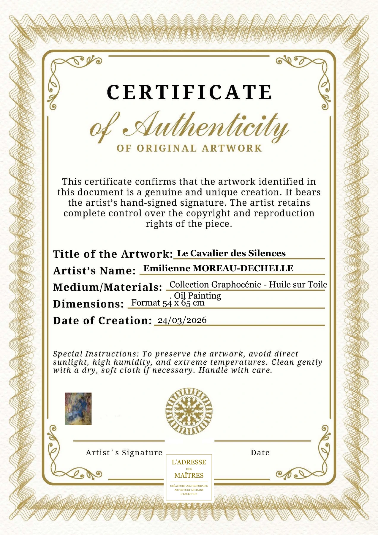 Certificat d'authenticité - Le Cavalier des Silences - Emilienne MOREAU-DECHELLE