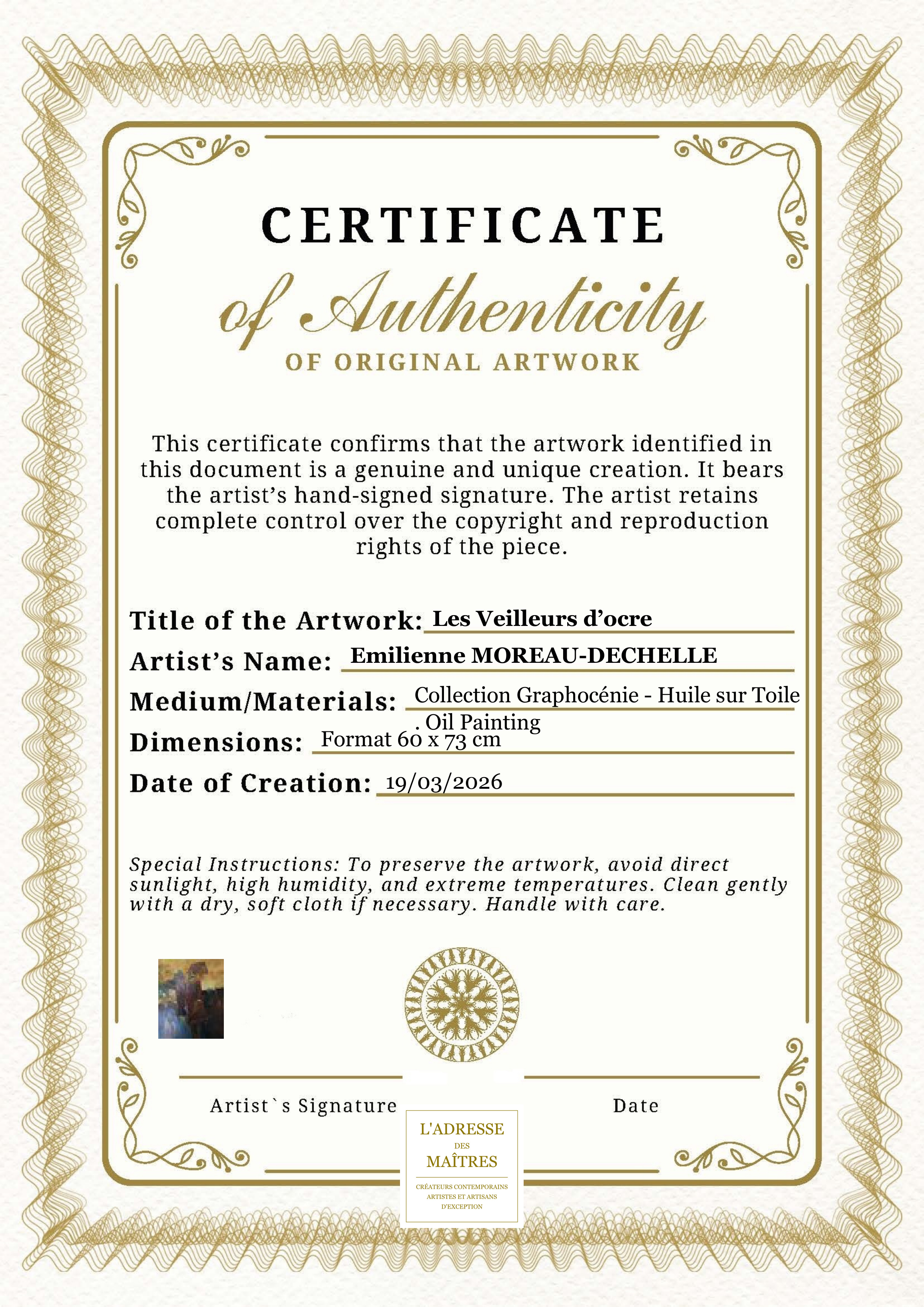 Certificat d'authenticité — Les Veilleurs d’ocre — Emilienne MOREAU-DECHELLE
