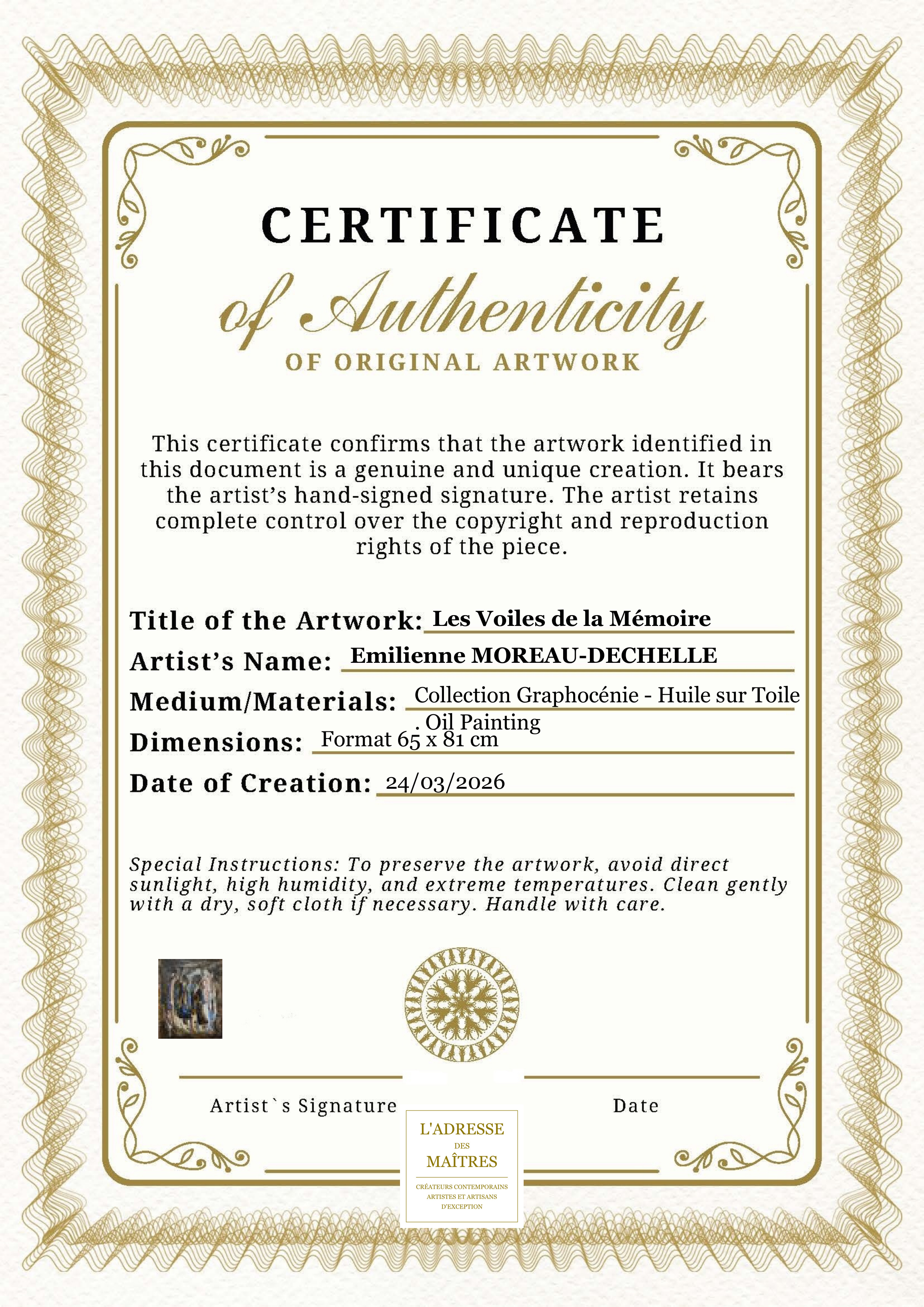 Certificat d'authenticité — Les Voiles de la Mémoire — Emilienne MOREAU-DECHELLE