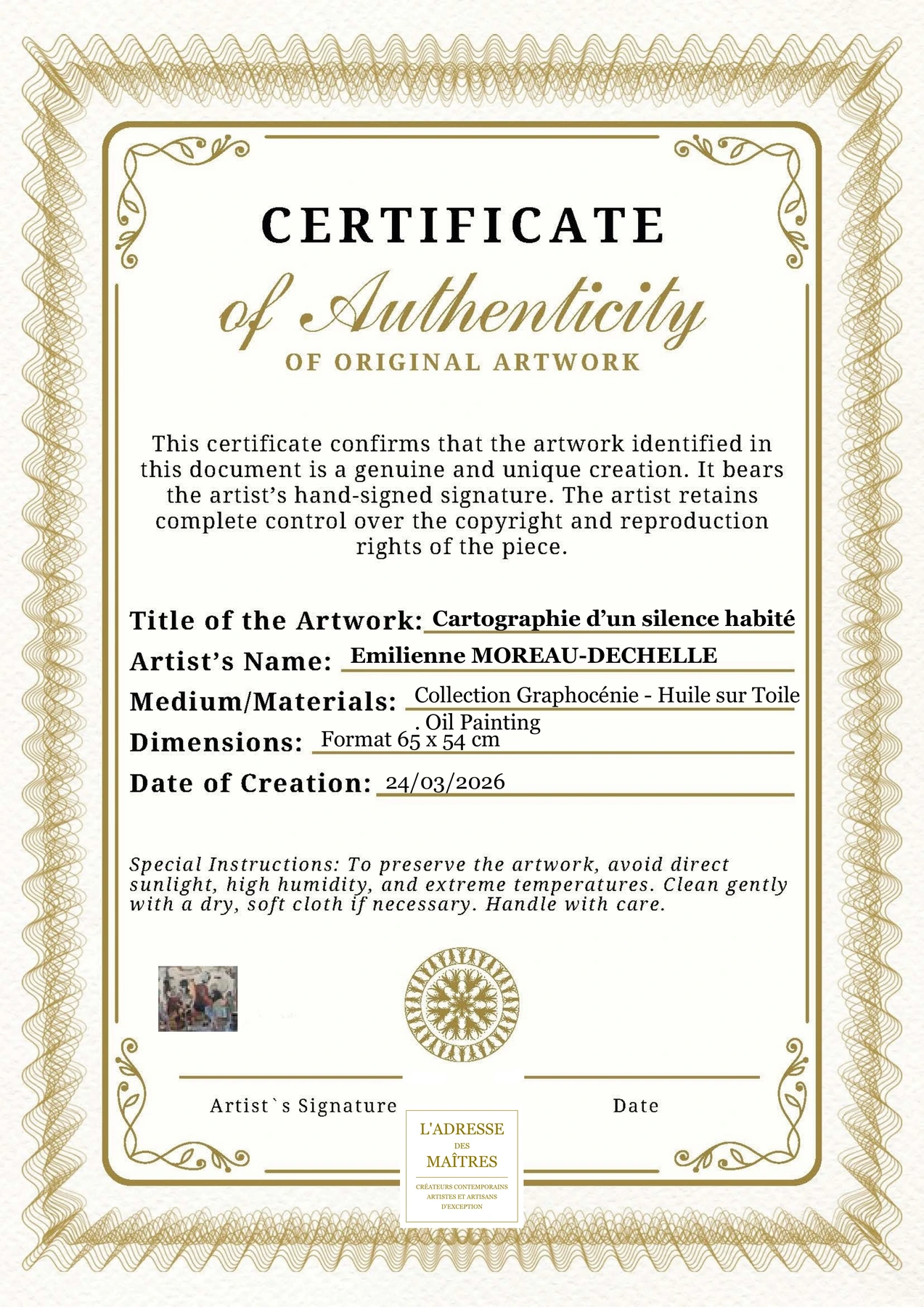 Certificat d'authenticité - Cartographie d’un silence habité - Emilienne MOREAU-DECHELLE