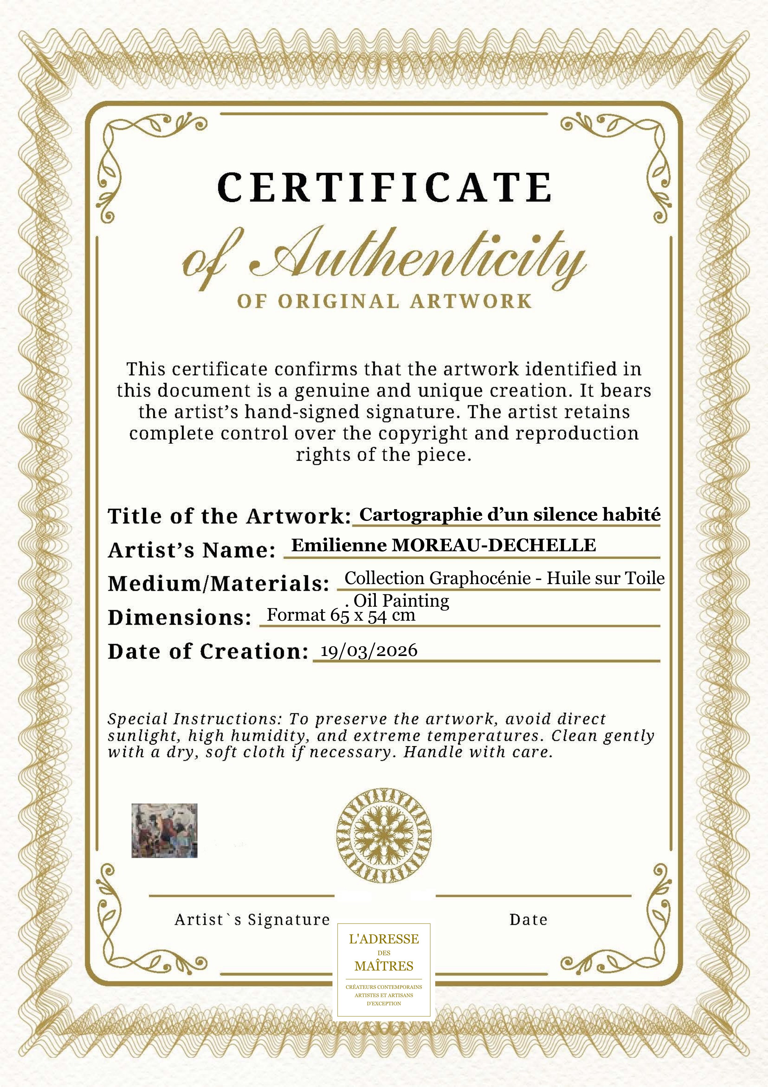 Certificat d'authenticité — Cartographie d’un silence habité — Emilienne MOREAU-DECHELLE