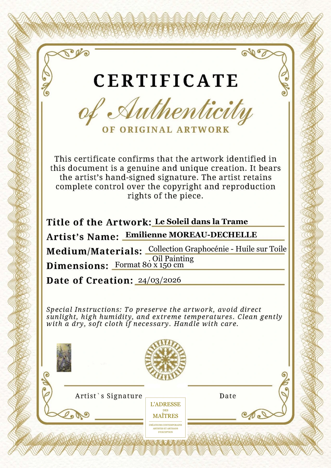 Certificat d'authenticité - Le Soleil dans la Trame - Emilienne MOREAU-DECHELLE