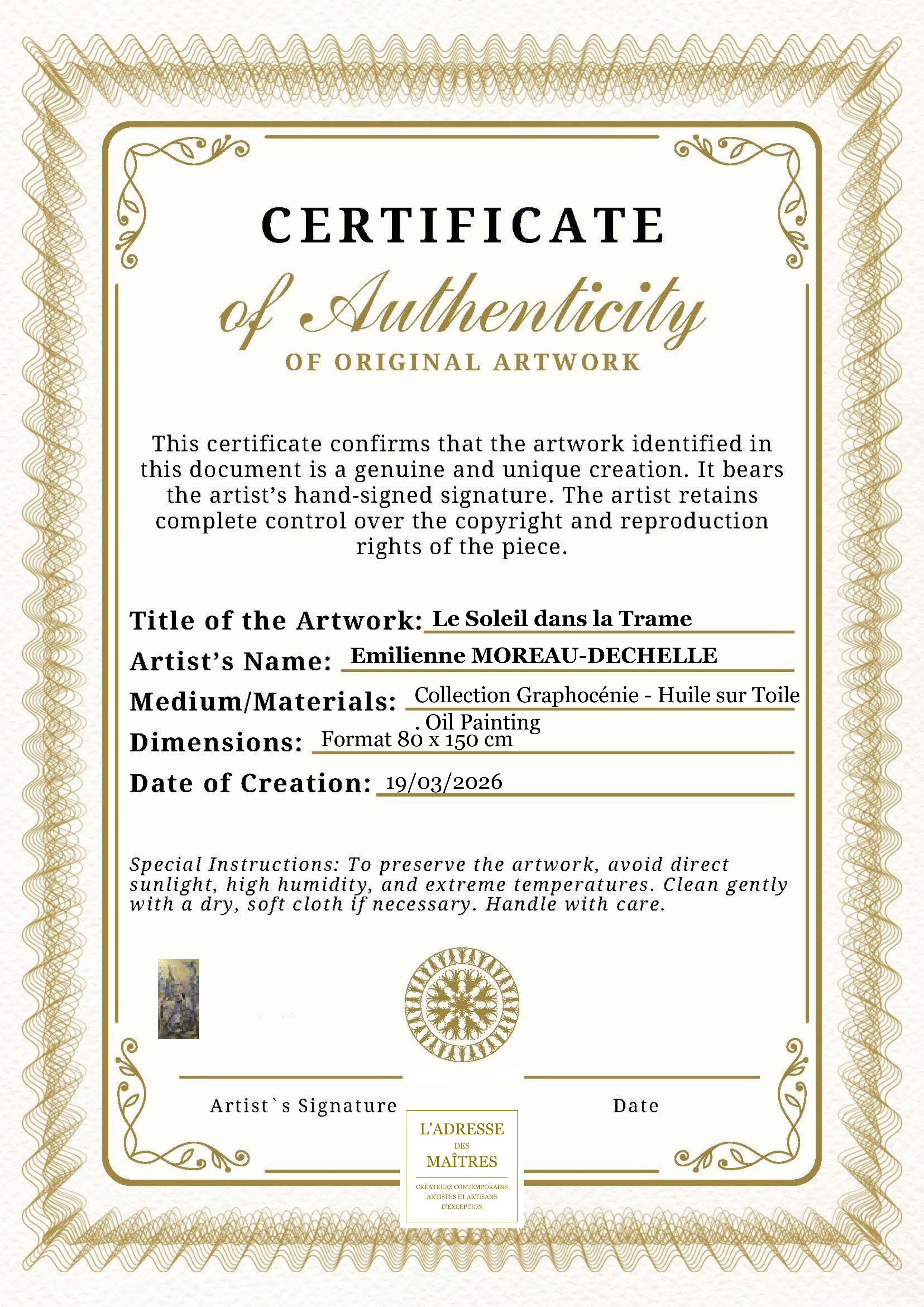 Certificat d'authenticité — Le Soleil dans la Trame — Emilienne MOREAU-DECHELLE