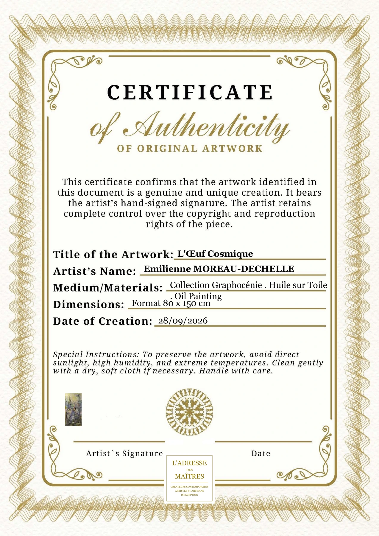Certificat d'authenticité - L'Œuf Cosmique - Emilienne MOREAU-DECHELLE