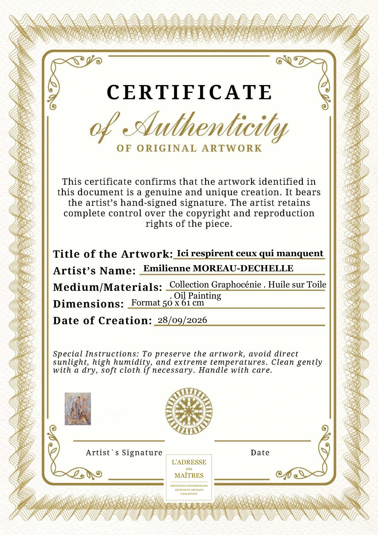 Certificat d'authenticité - Ici respirent ceux qui manquent - Emilienne MOREAU-DECHELLE