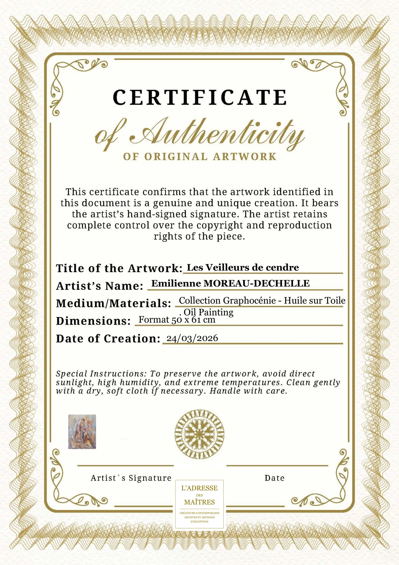 Certificat d'authenticité - Les Veilleurs de cendre - Emilienne MOREAU-DECHELLE