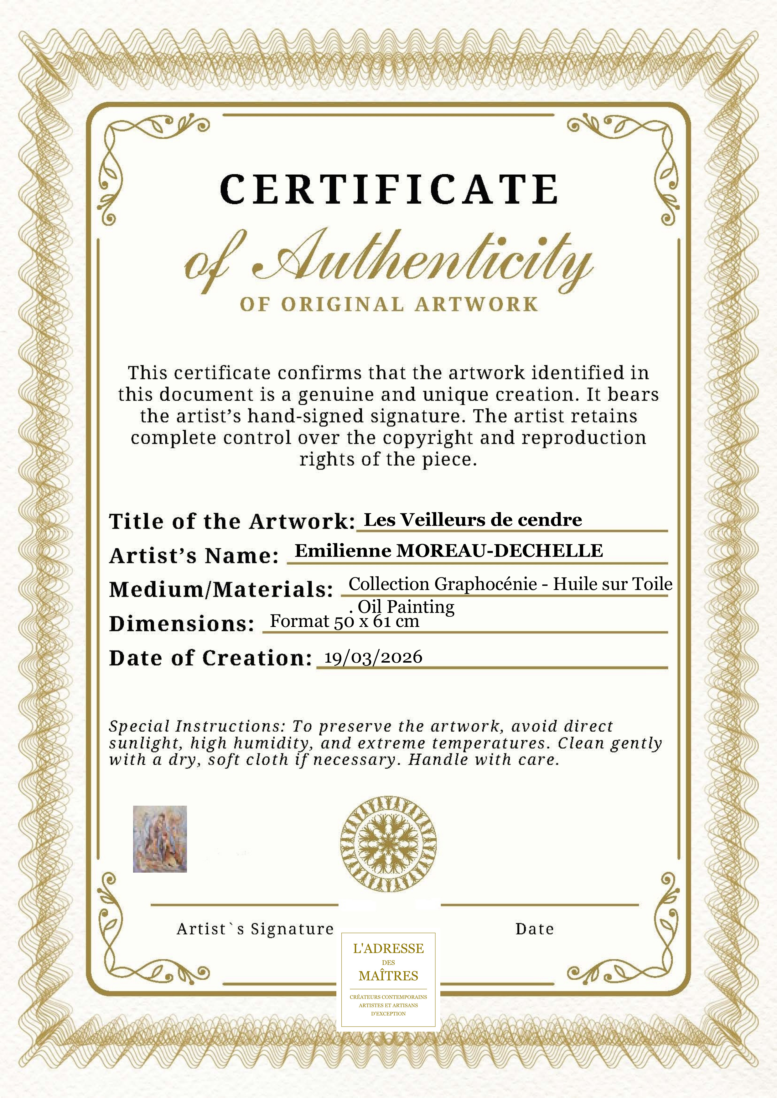 Certificat d'authenticité — Les Veilleurs de cendre — Emilienne MOREAU-DECHELLE