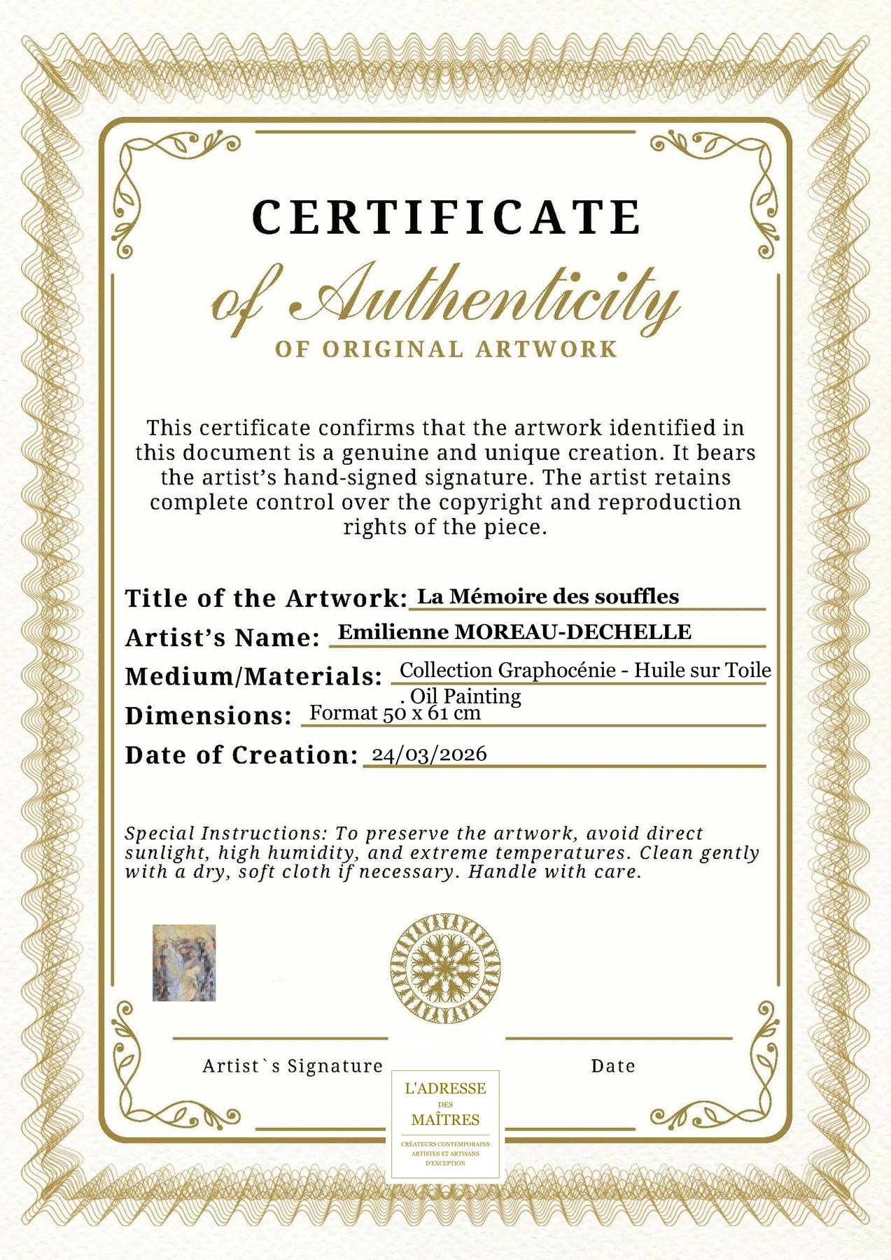Certificat d'authenticité - La Mémoire des souffles - Emilienne MOREAU-DECHELLE