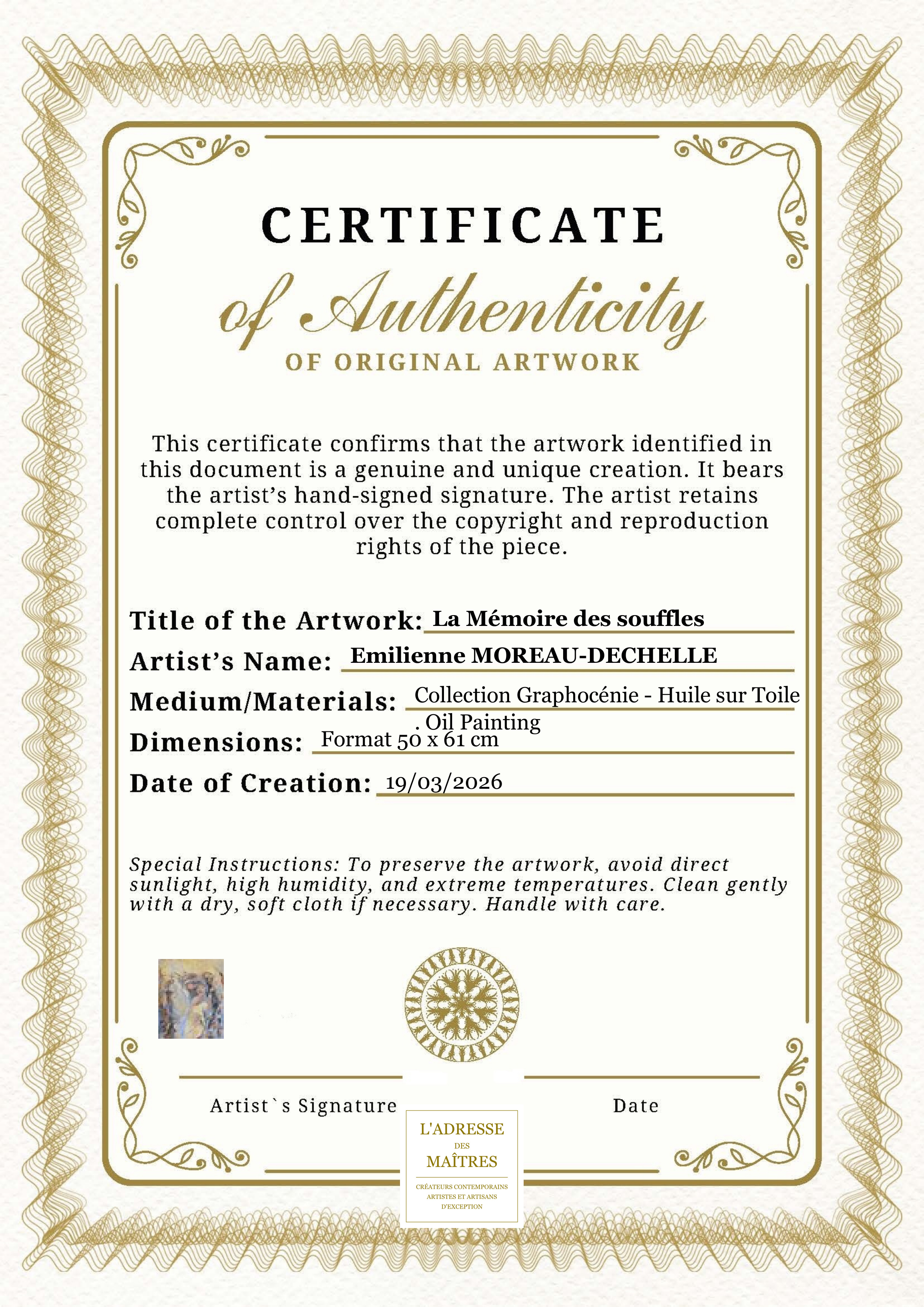 Certificat d'authenticité — La Mémoire des souffles — Emilienne MOREAU-DECHELLE