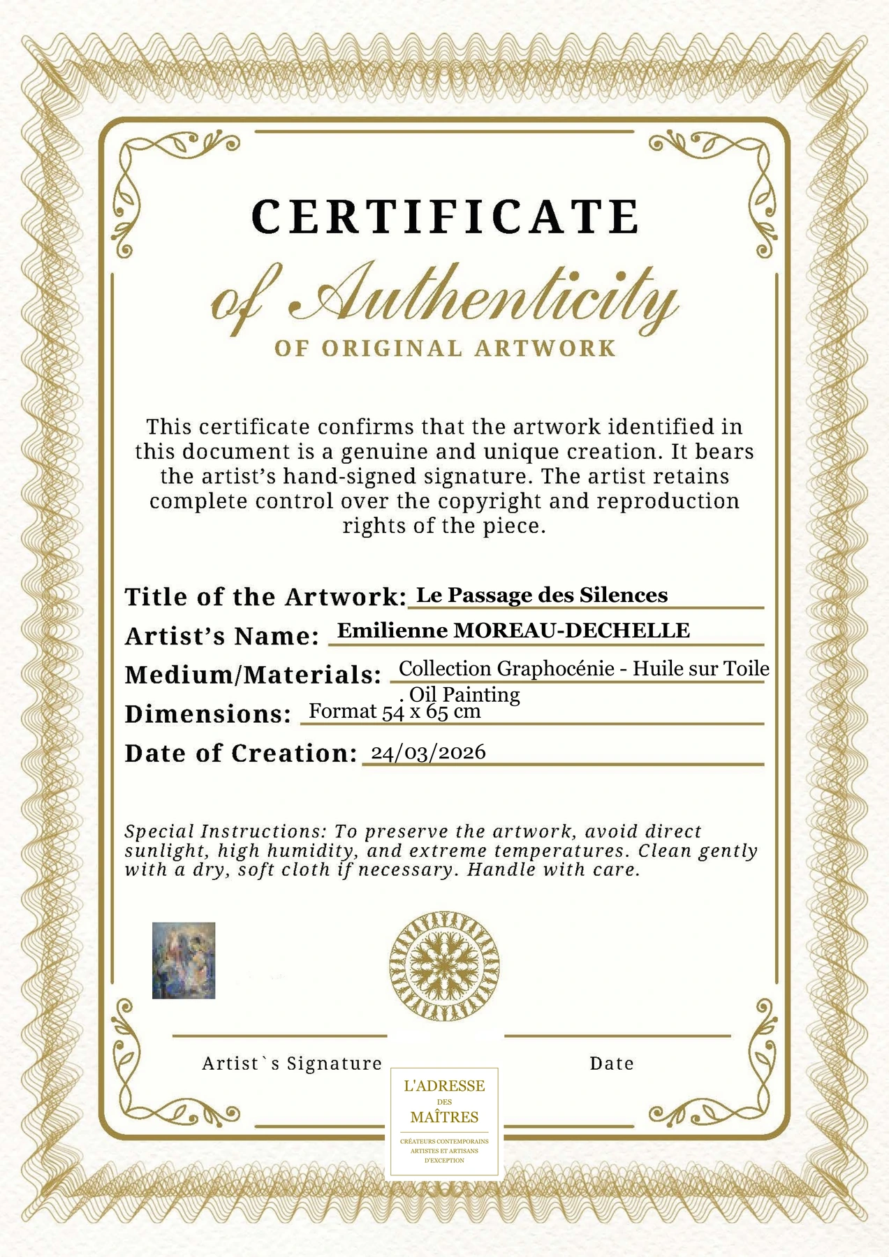 Certificat d'authenticité - Le Passage des Silences - Emilienne MOREAU-DECHELLE