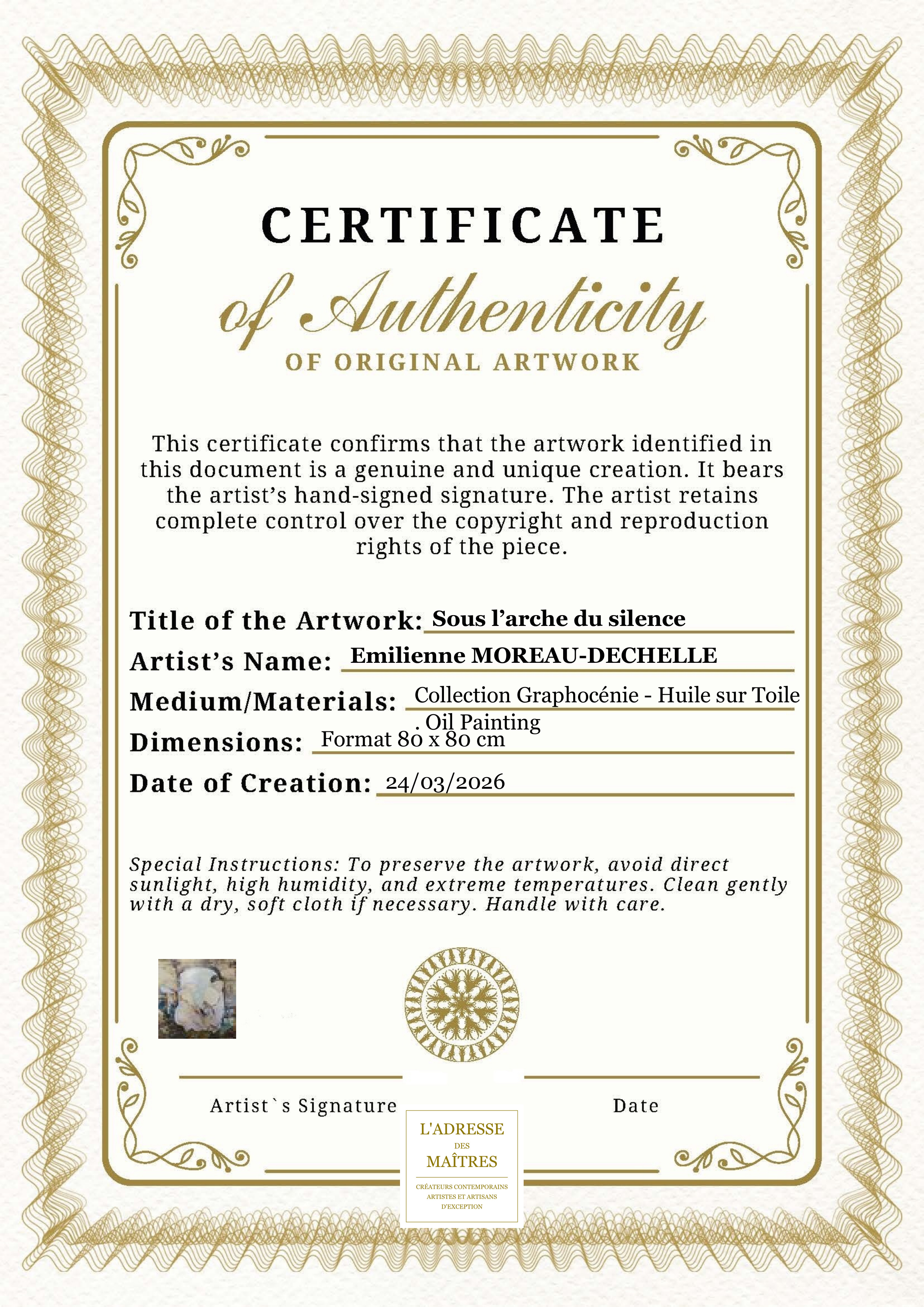 Certificat d'authenticité — Sous l’arche du silence — Emilienne MOREAU-DECHELLE
