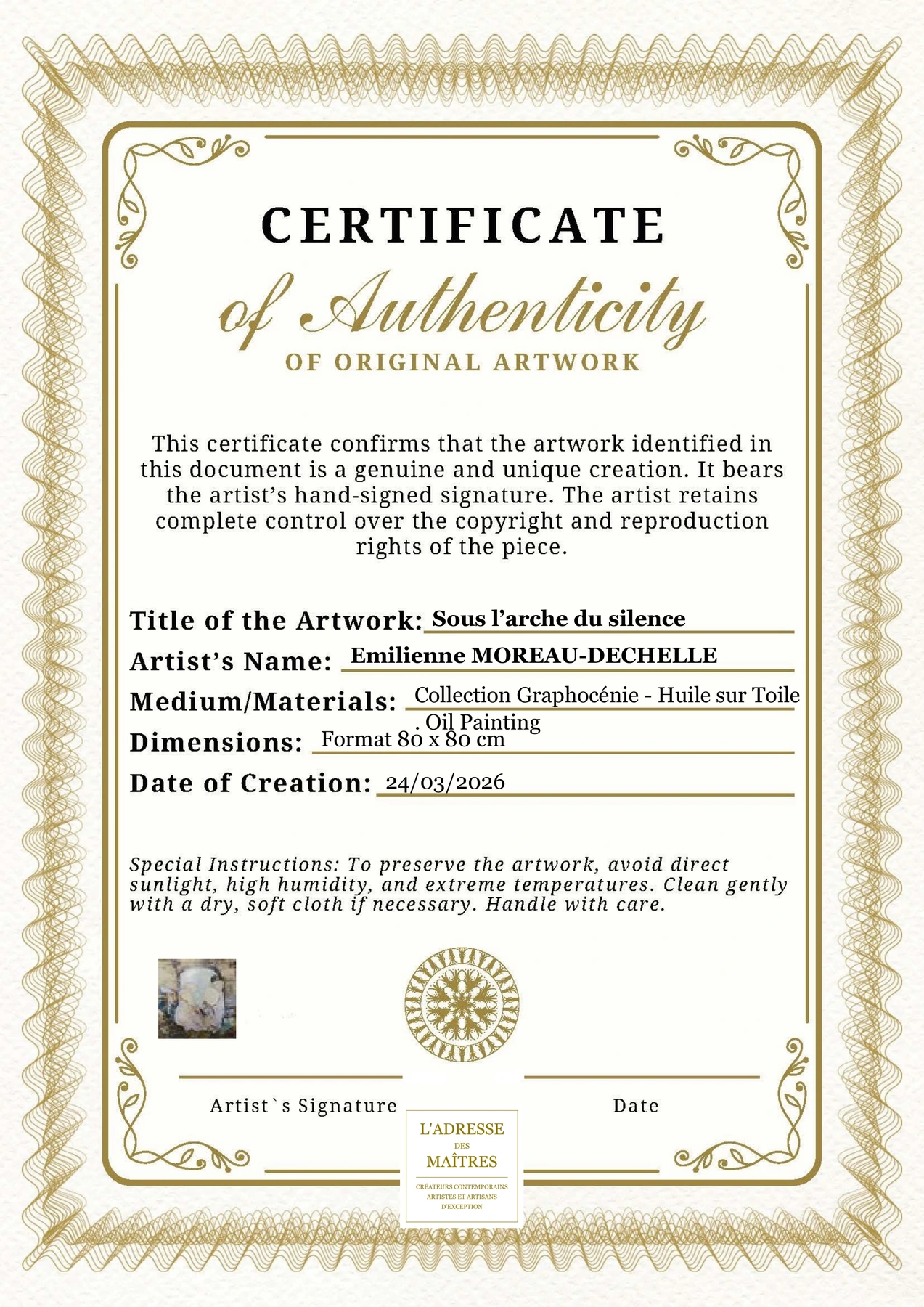 Certificat d'authenticité - Sous l’arche du silence - Emilienne MOREAU-DECHELLE
