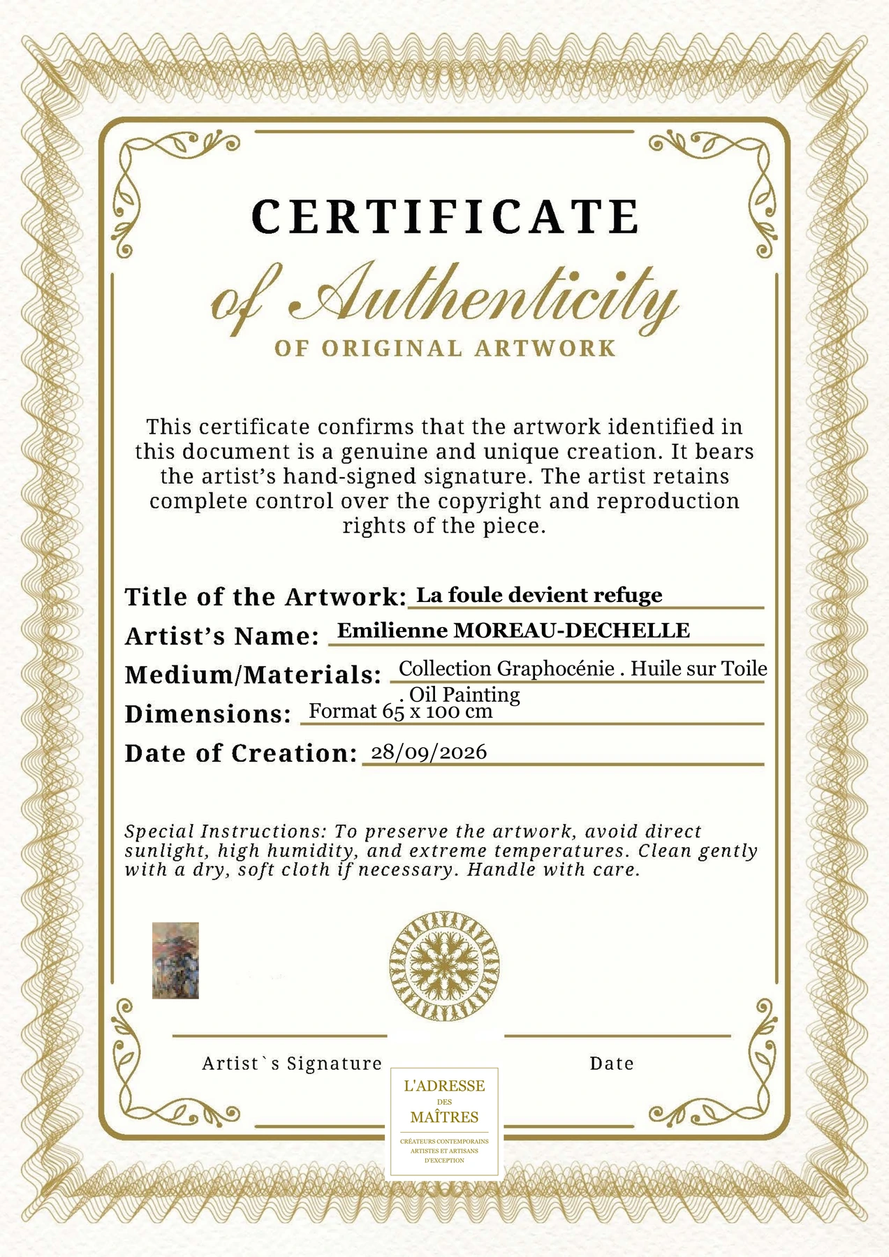 Certificat d'authenticité - La foule devient refuge - Emilienne MOREAU-DECHELLE