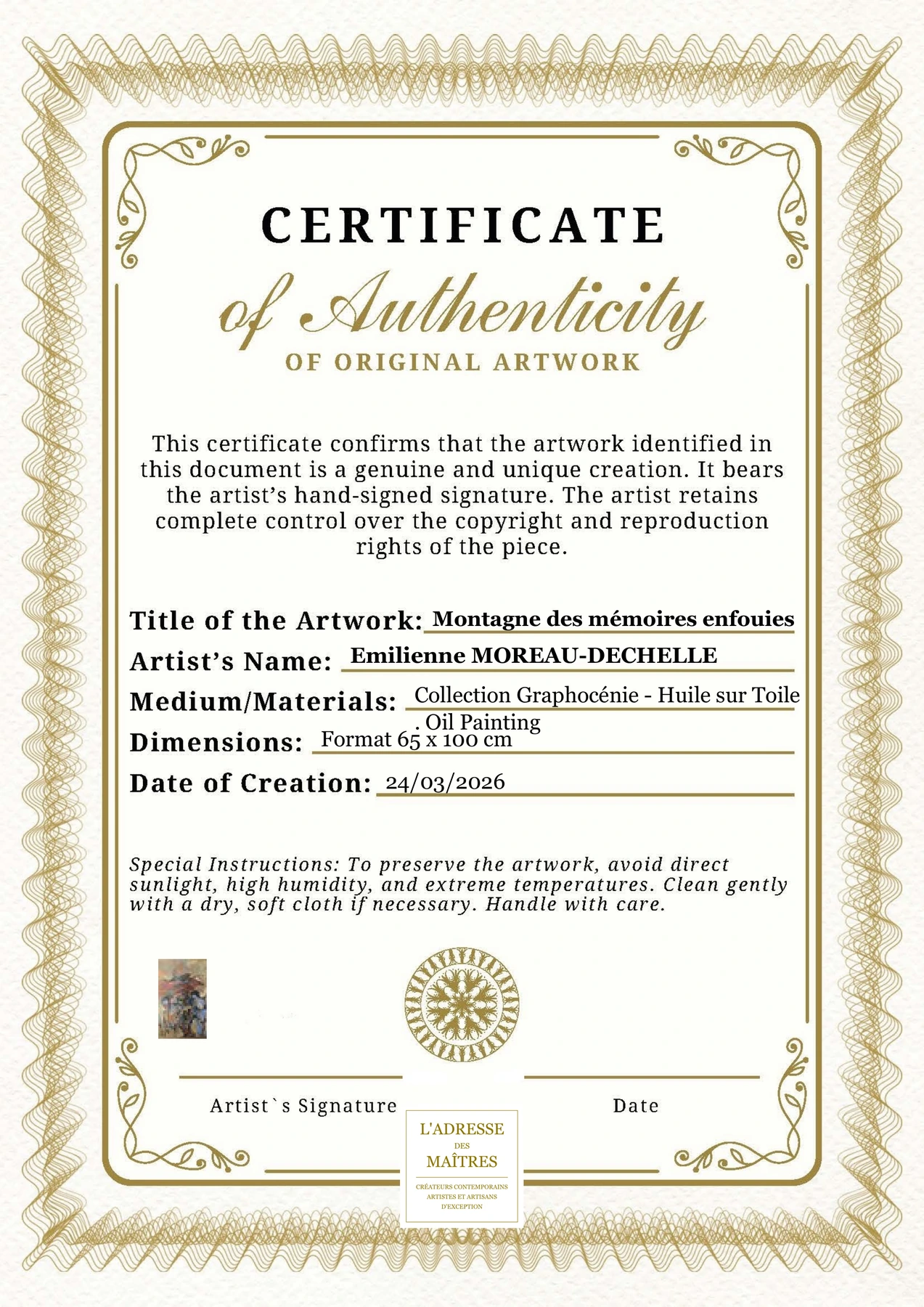 Certificat d'authenticité - Montagne des mémoires enfouies - Emilienne MOREAU-DECHELLE