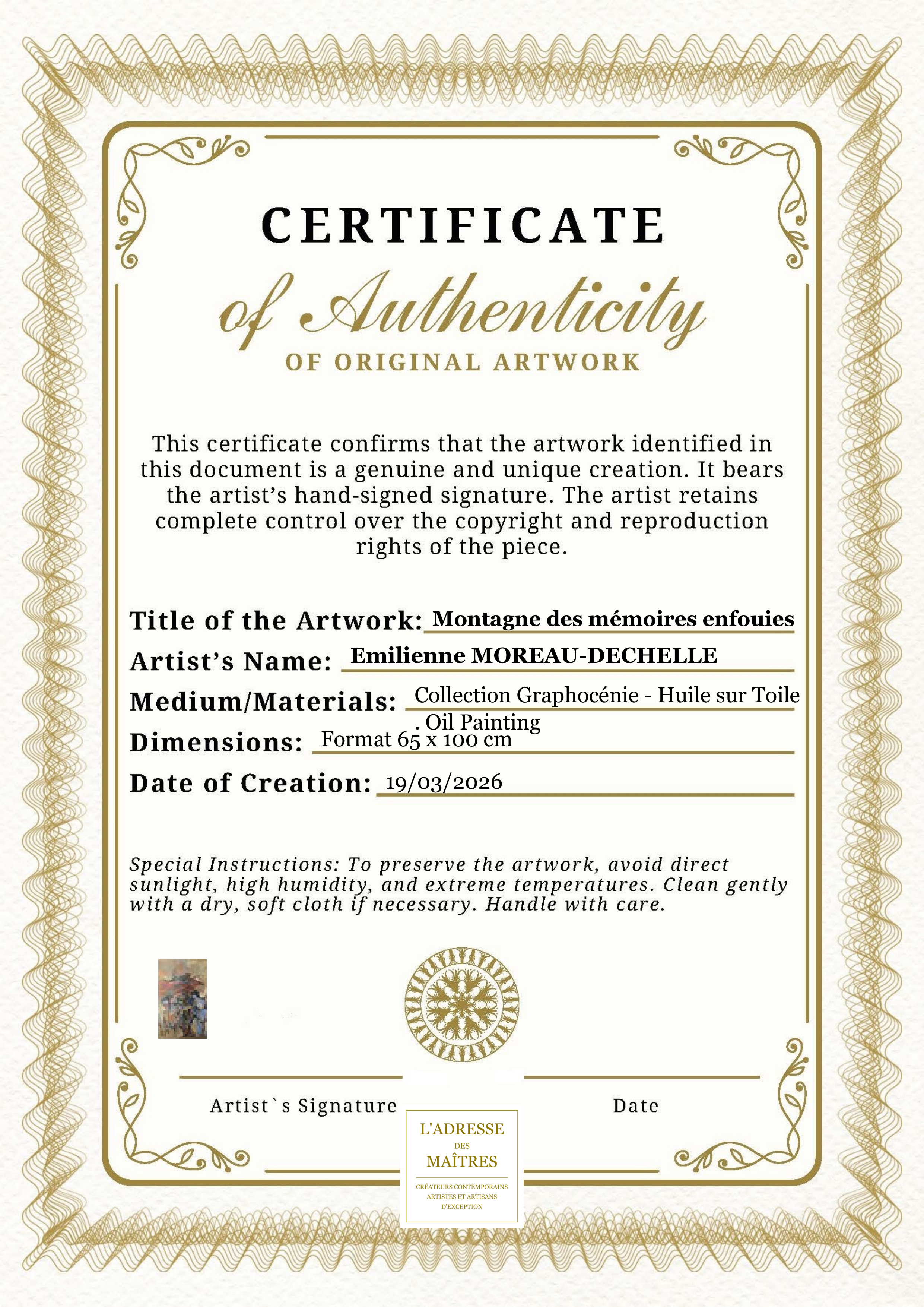 Certificat d'authenticité — Montagne des mémoires enfouies — Emilienne MOREAU-DECHELLE