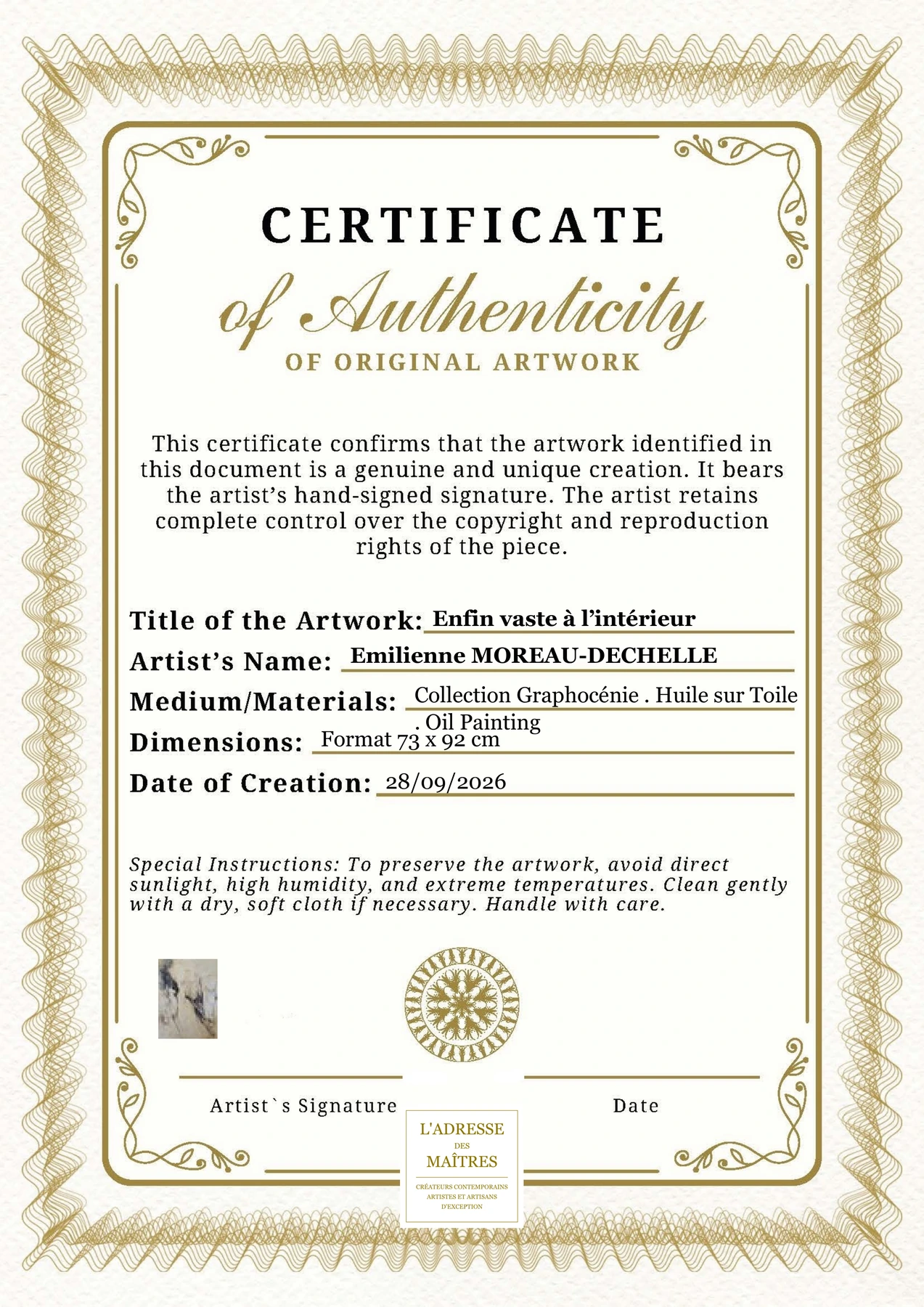 Certificat d'authenticité - Enfin vaste à l’intérieur - Emilienne MOREAU-DECHELLE