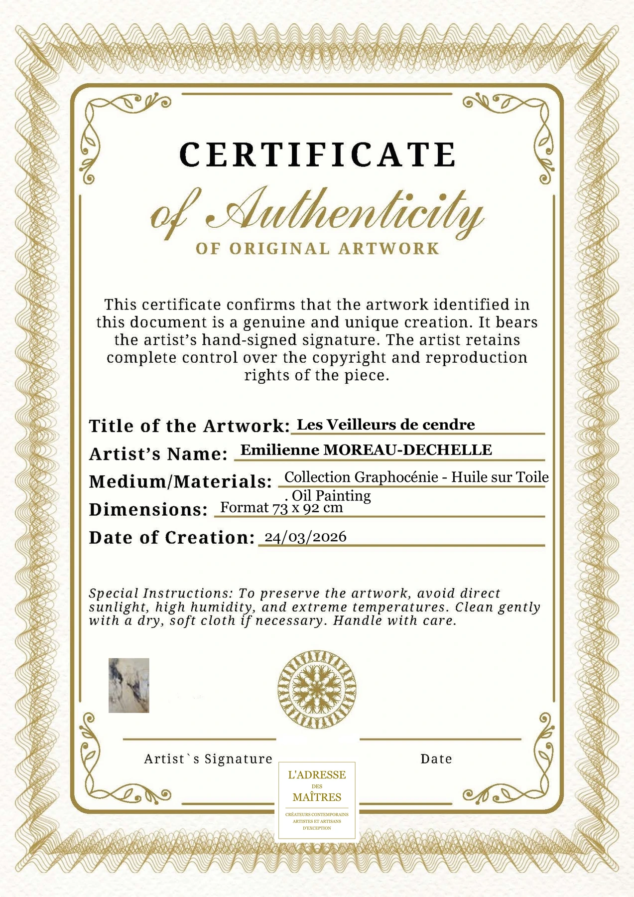 Certificat d'authenticité - Les Veilleurs de cendre - Emilienne MOREAU-DECHELLE