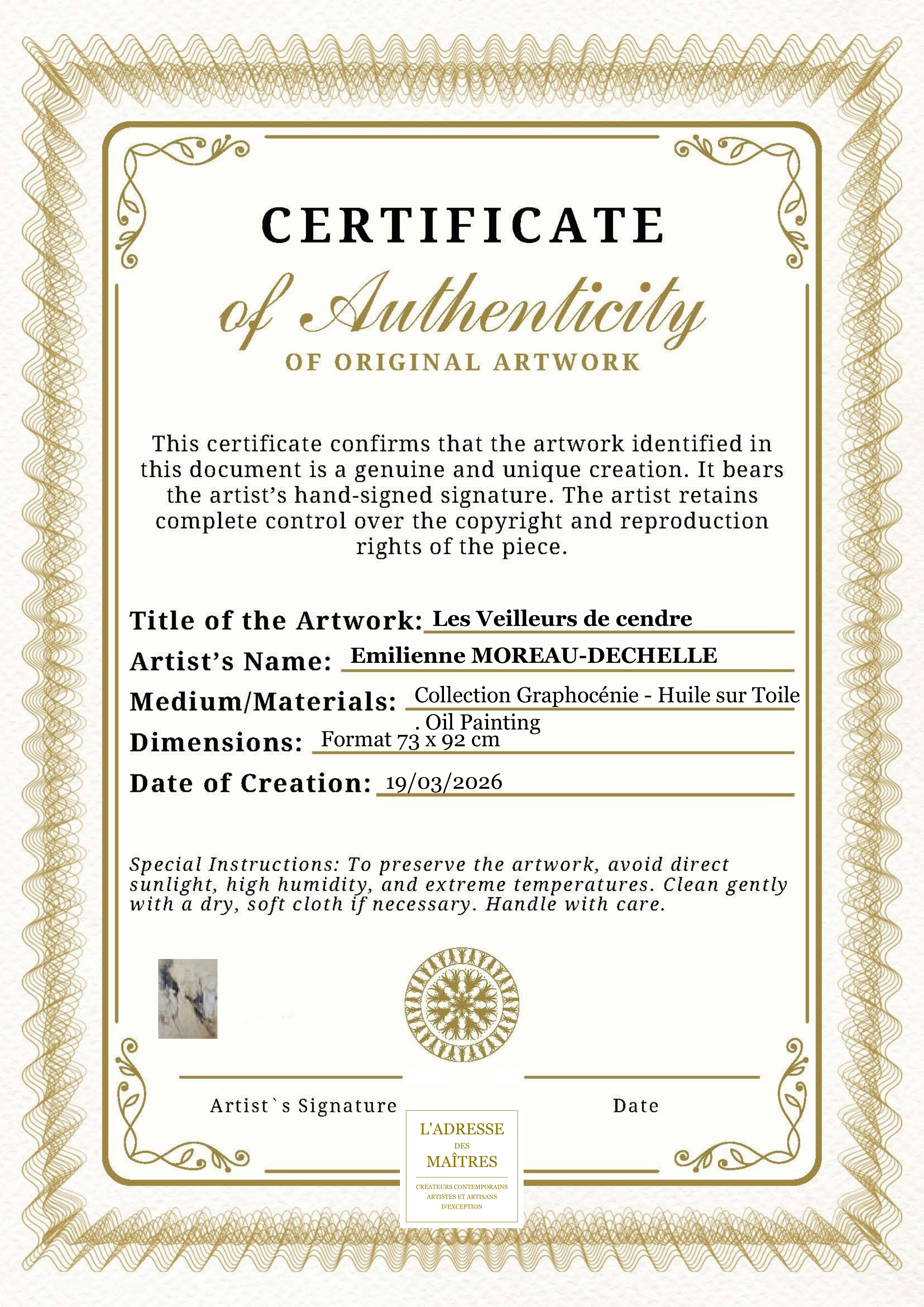 Certificat d'authenticité — Les Veilleurs de cendre — Emilienne MOREAU-DECHELLE