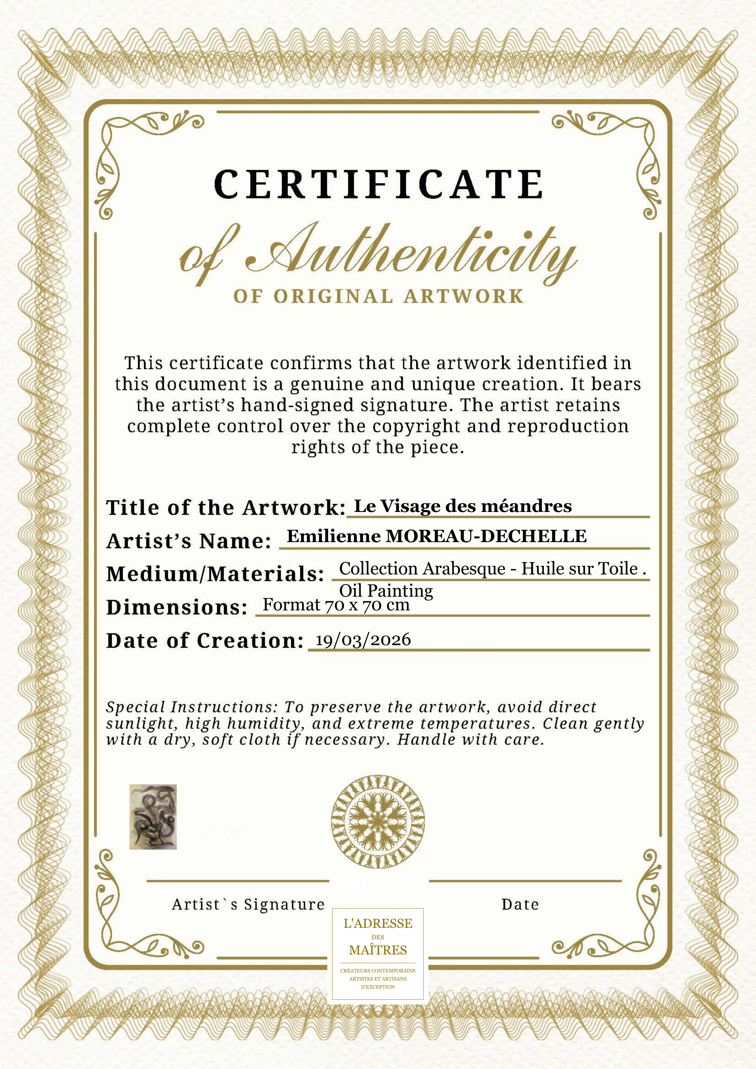 Certificat d'authenticité — Le Visage des méandres — Emilienne MOREAU-DECHELLE