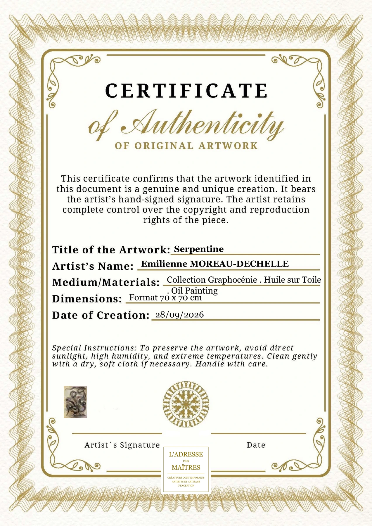 Certificat d'authenticité - Serpentine - Emilienne MOREAU-DECHELLE