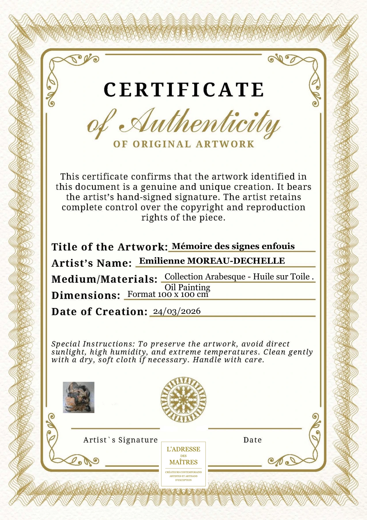 Certificat d'authenticité - Mémoire des signes enfouis - Emilienne MOREAU-DECHELLE