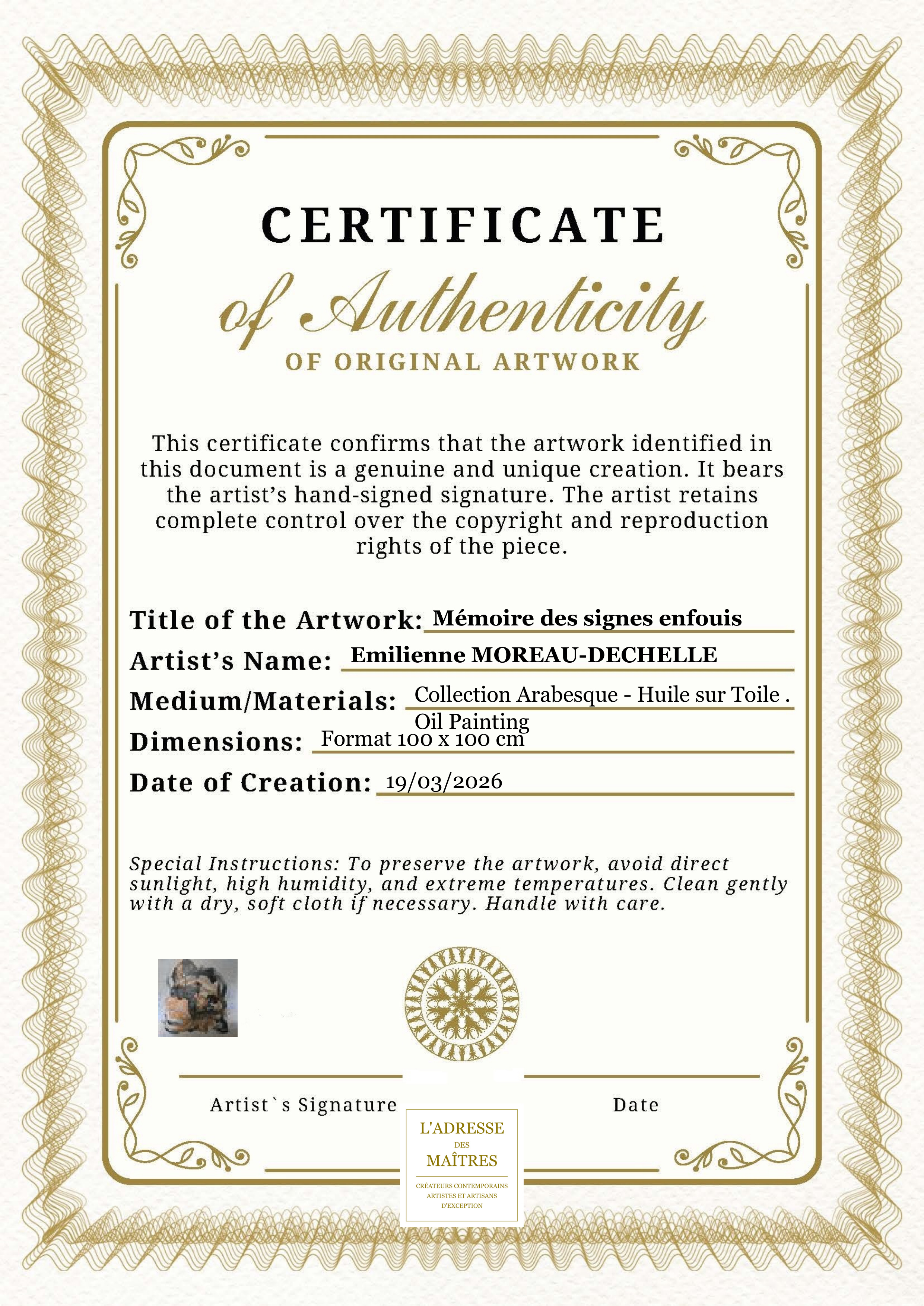 Certificat d'authenticité — Mémoire des signes enfouis — Emilienne MOREAU-DECHELLE