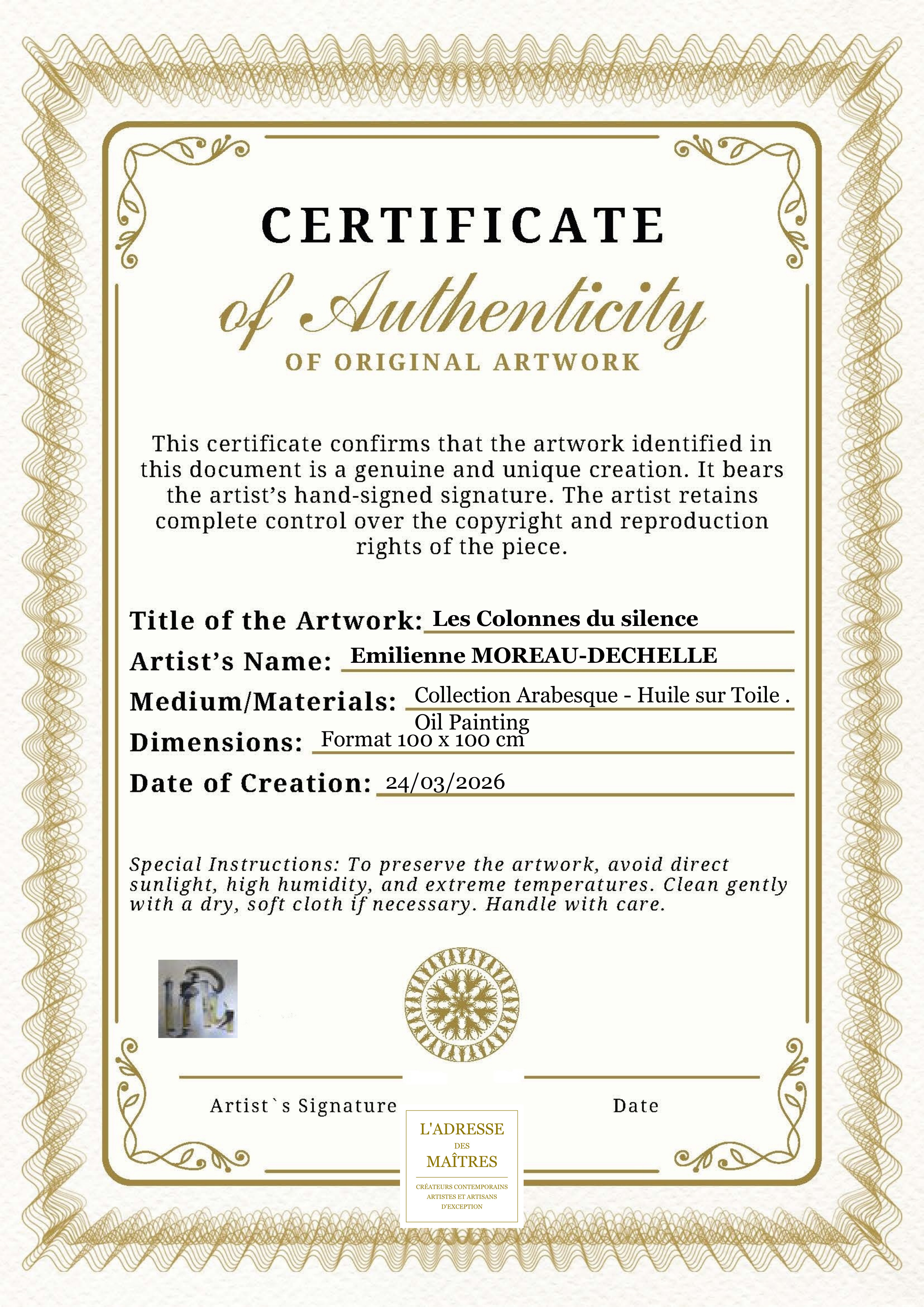 Certificat d'authenticité — Les Colonnes du silence — Emilienne MOREAU-DECHELLE