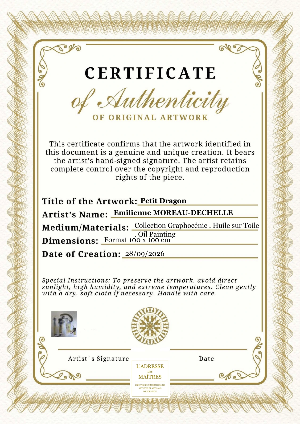 Certificat d'authenticité - Petit Dragon - Emilienne MOREAU-DECHELLE