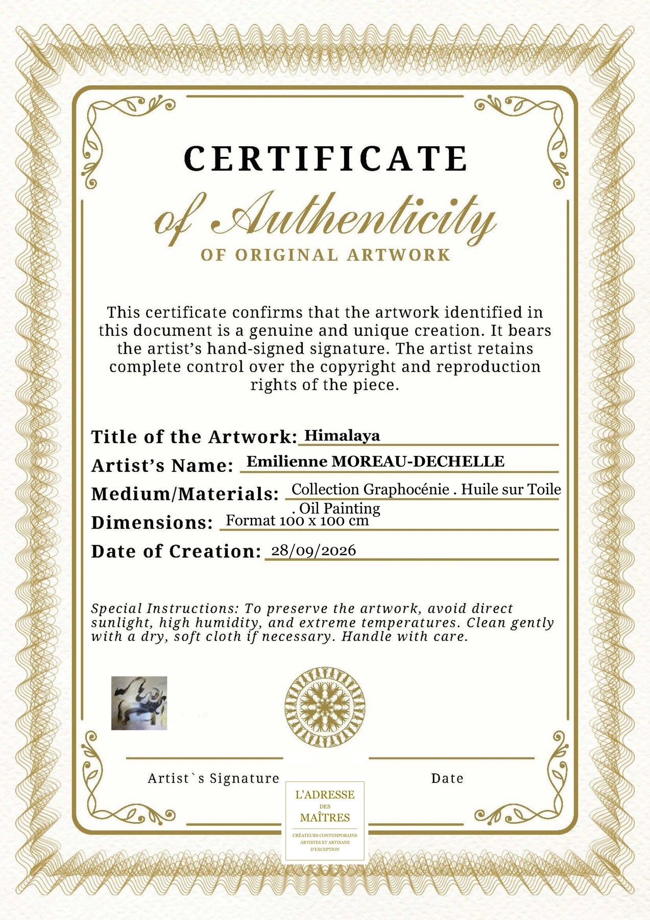 Certificat d'authenticité - Himalaya - Emilienne MOREAU-DECHELLE