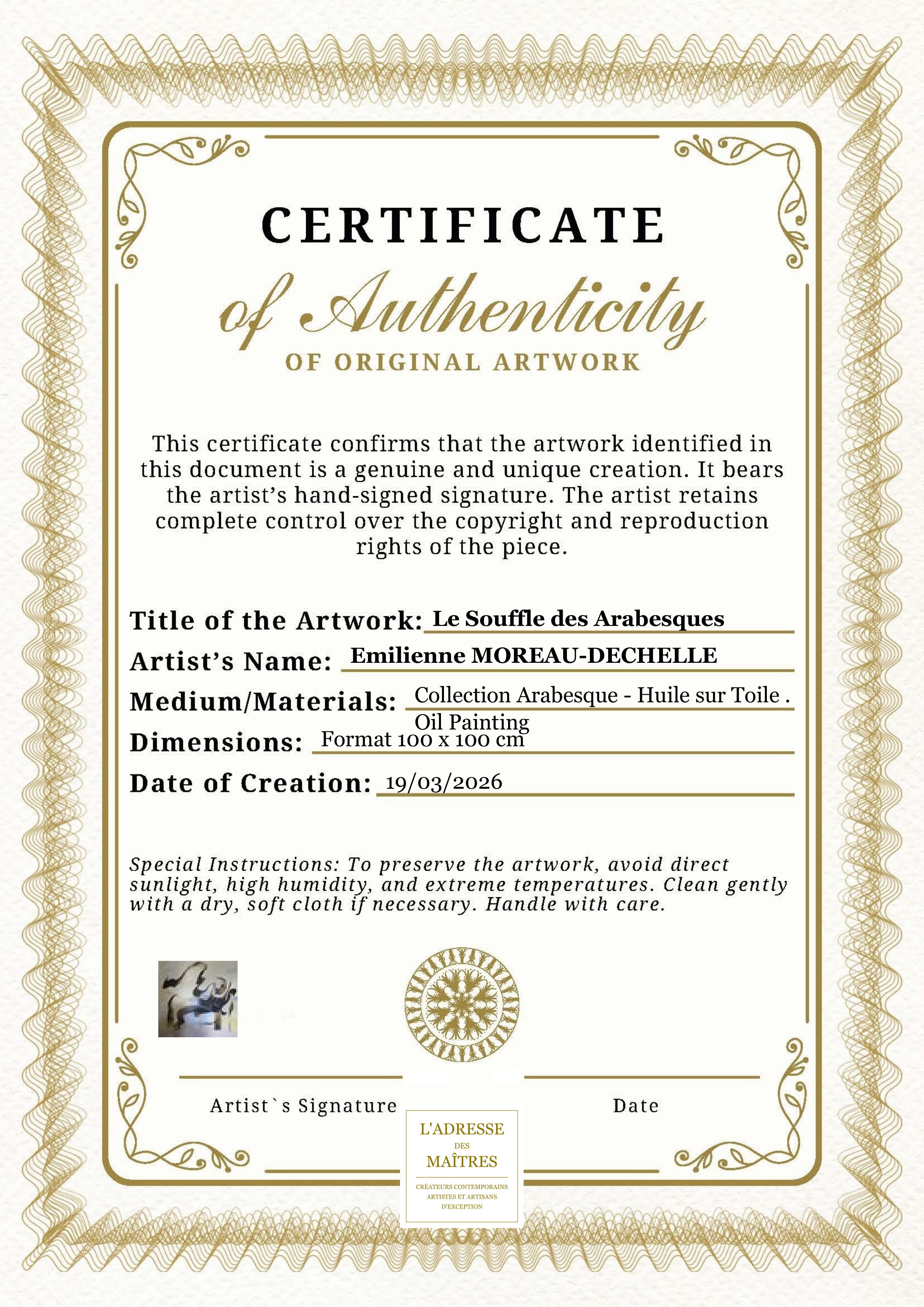 Certificat d'authenticité — Le Souffle des Arabesques — Emilienne MOREAU-DECHELLE