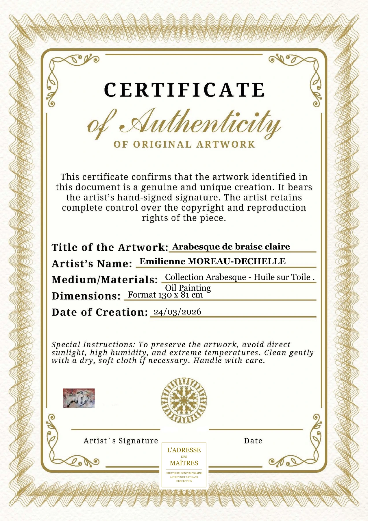 Certificat d'authenticité - Arabesque de braise claire - Emilienne MOREAU-DECHELLE